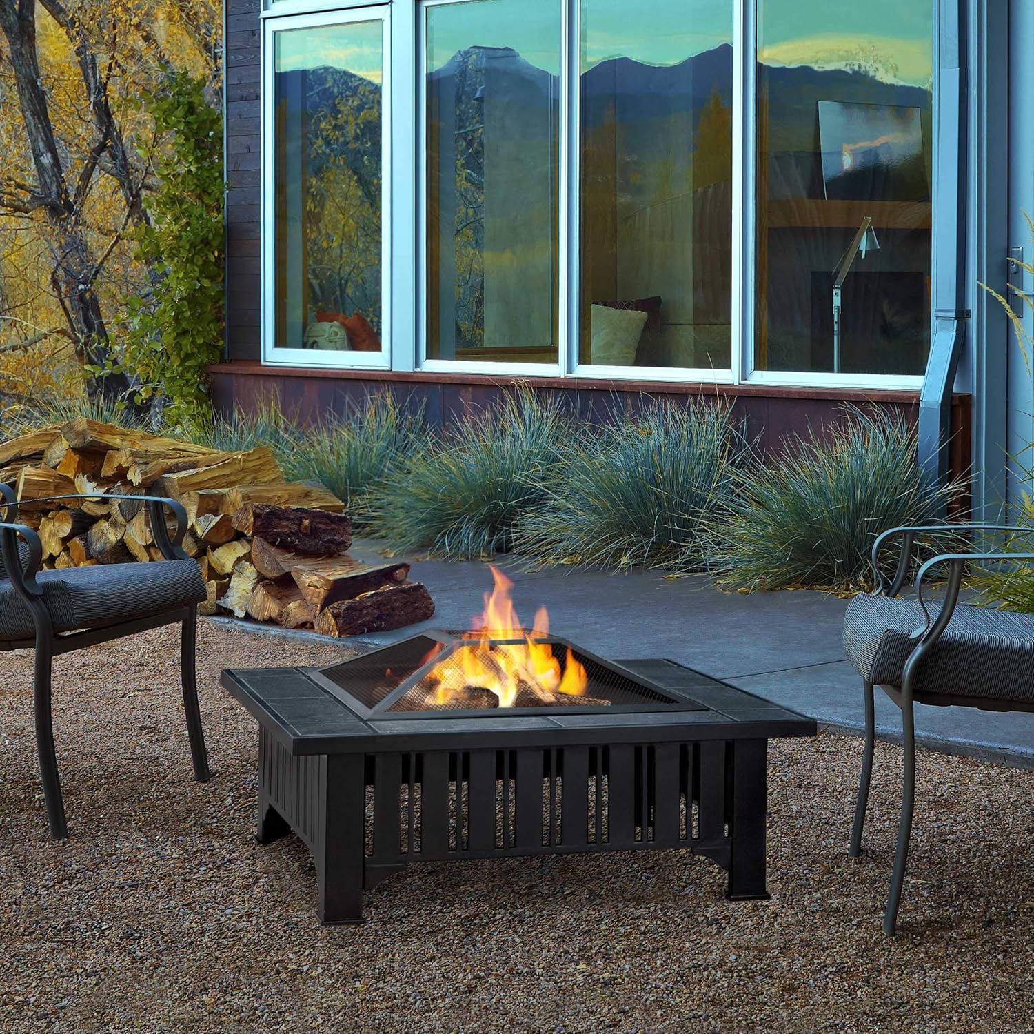 Real Flame Lafayette Wood Burning Fire Pit - Freestanding & Portable, Includes Spark Screen, Log Poker & Storage Cover
