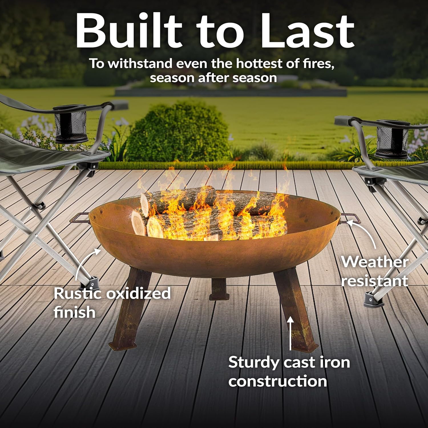 Sunnydaze 24-Inch Cast Iron Heavy-Duty Fire Pit for Outside - Wood-Burning Outdoor Fire Pit Bowl with Handles - Oxidized Finish