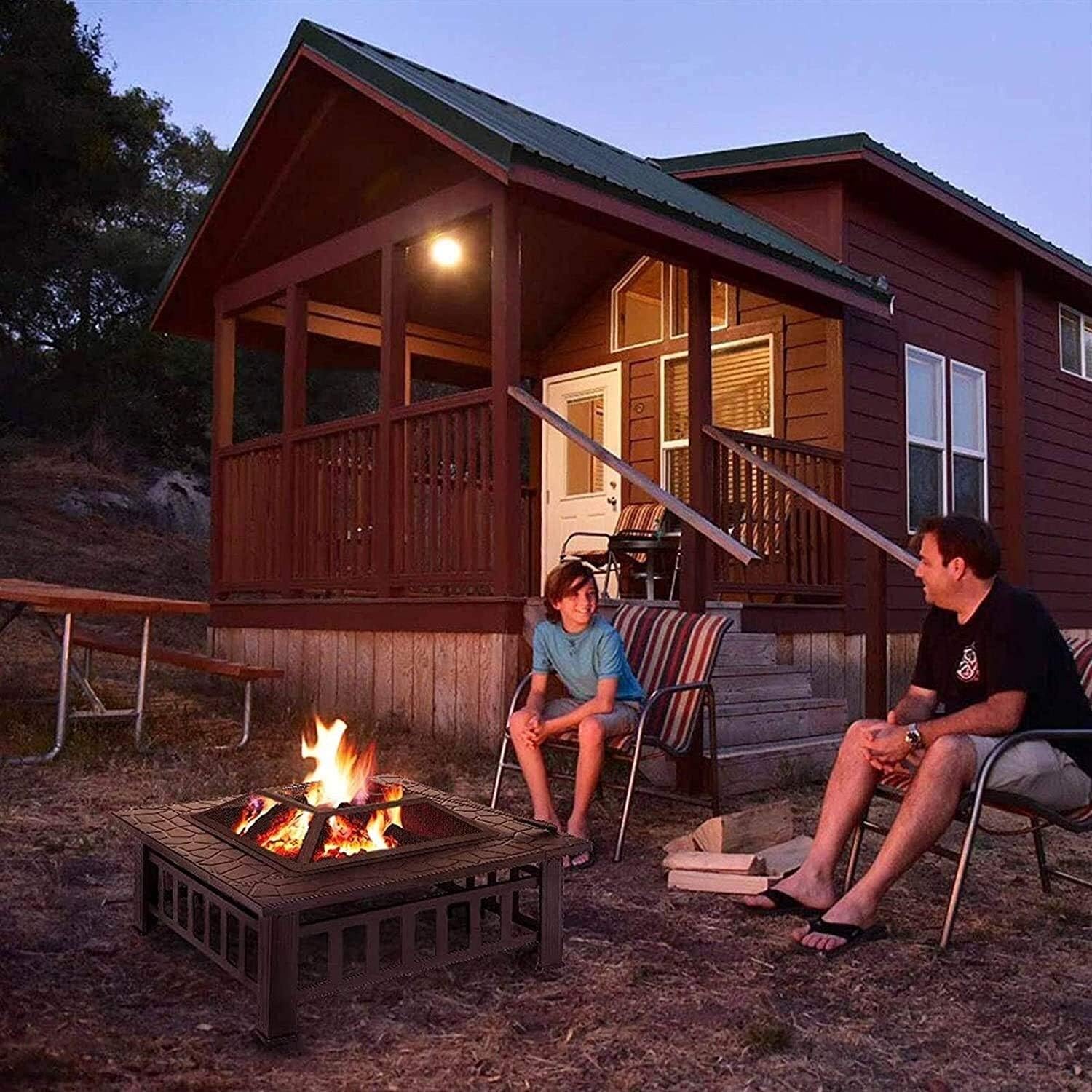 Fire Pits Outdoor Wood Burning Outdoor Fire Pits Outdoor Square Metal Firepit Backyard Patio Garden Stove Wood Burning BBQ Fire Pit with Rain Cover with Cover BBQ Cooking for Outside Camping Backyar