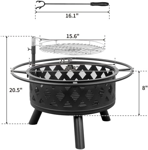 Patio Outdoor Metal Fire Pit Bowl with Grate, Wood Burning Firepit for Camping, Backyard, Heating, Fire Grill Cooking, BBQ Grilling (Diamond Wall 30 Inch Round with Grates)