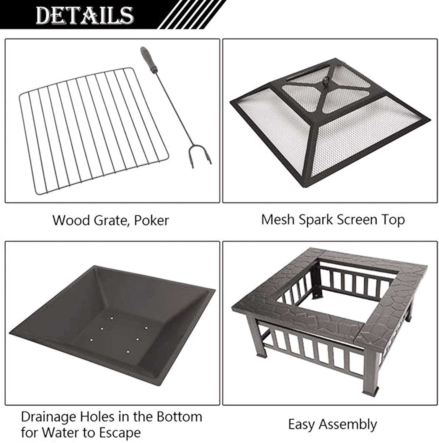 Fire Pit with BBQ Grill Shelf,Outdoor Metal Brazier Square Table Garden Patio Heater/BBQ/Ice Pit with Waterproof Cover