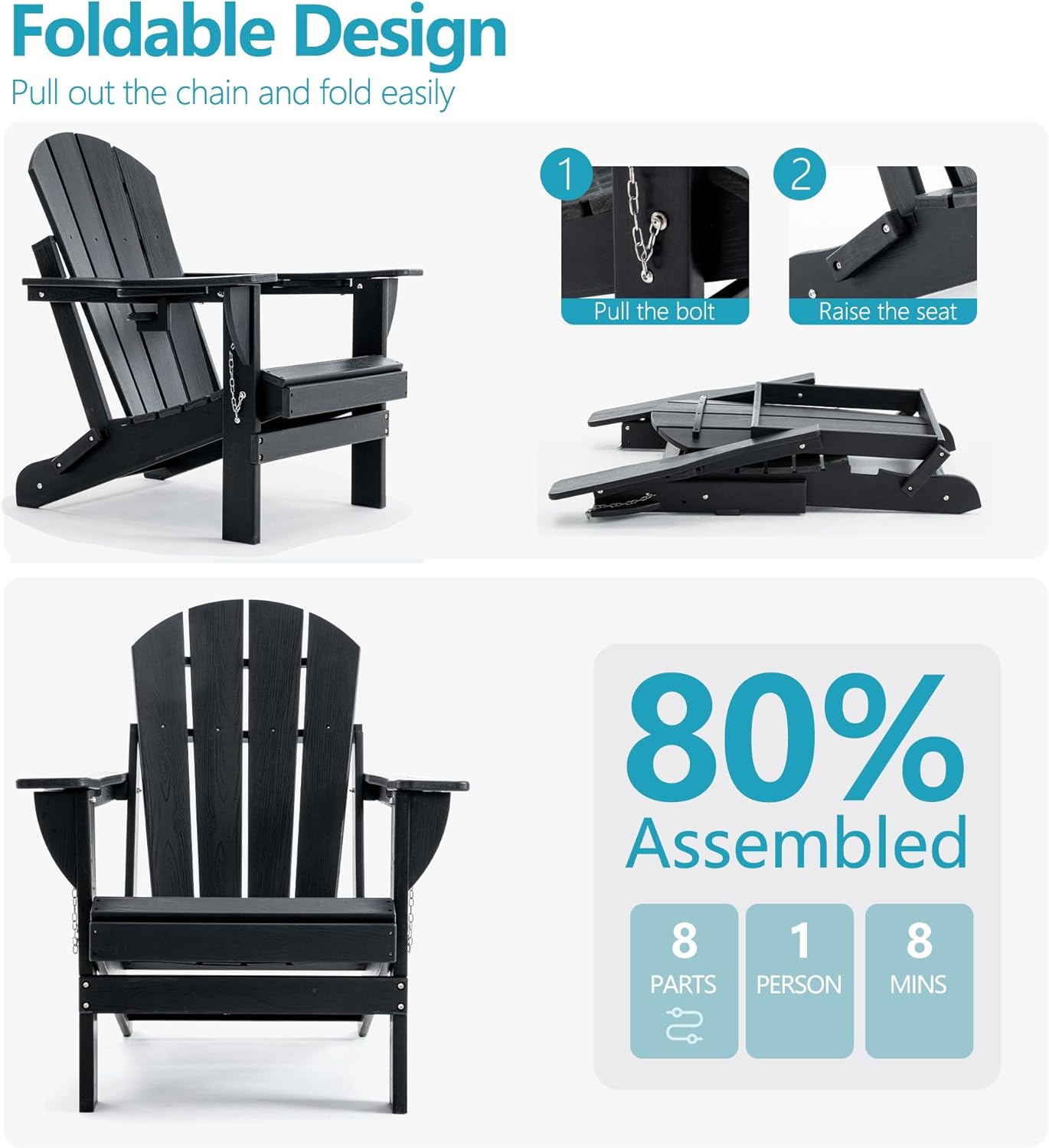 Folding Outdoor Adirondack Chairs Set of 4 with HDPE Side Tables-Plastic Weather Resistant Patio Chairs with Small Outdoor Side Tables 2 Storage for Patio,Fire Pit, Garden and Backyard