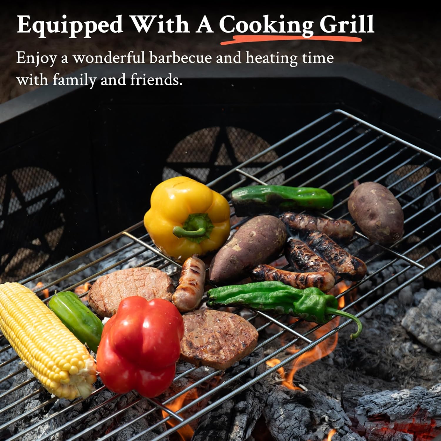 43 Inch Octagonal Fire Pit with Cooking Grill,Outdoor Wood Burning Fire Pit for Camping Outside Picnic Bonfire,Heavy Duty Firepit for Backyard Garden Patio