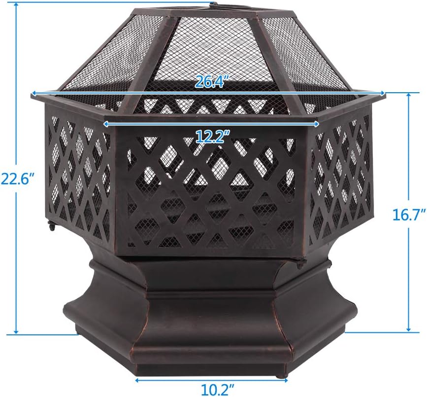 Knocbel Outdoor Hexagonal Iron Firepit, Wood Burning Stove Fire Pit with Spark Screen for Garden Deck Backyard Poolside, 26.4