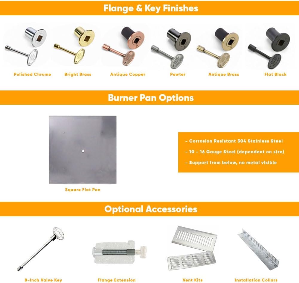 HPC Square Match Lit Fire Pit Burner Kit (FPSSQ36HCKIT-PAN-LP-MSCB) with 48x48-Inch Burner and 56x56-Inch Flat Pan, Propane, Polished Chrome, with Flange, Key, Valve, Flex Line and Fittings