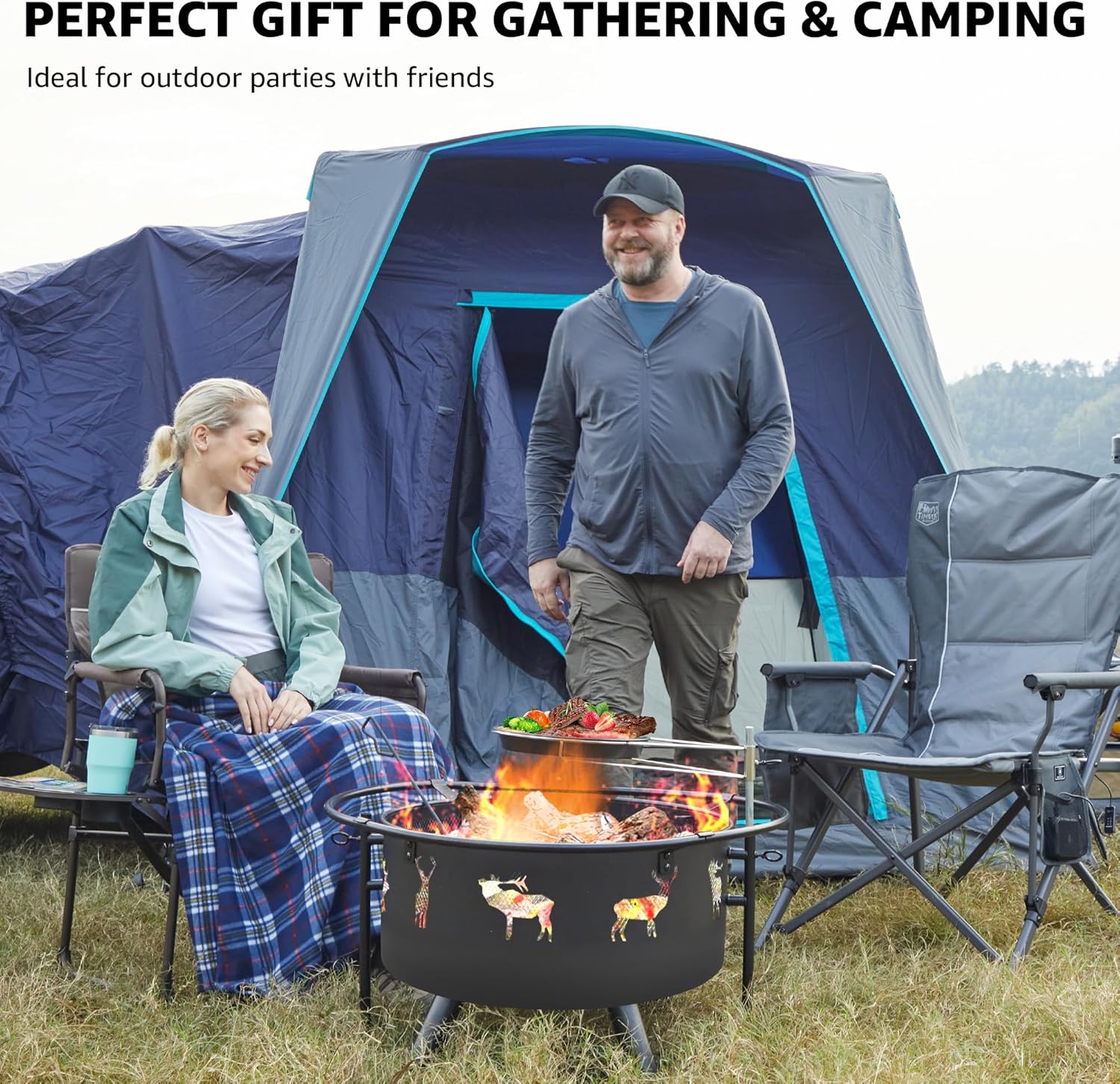 NATURAL EXPRESSIONS 32 Inch Outdoor Fire Pit, Wood Burning Fire Pits with 2 Grills, Poker, Brushes, Ash Pan, Mesh Cover, Waterproof Cover, Charcoal Fire Pit for BBQ, Patio, Bonfire, Heat&Cook