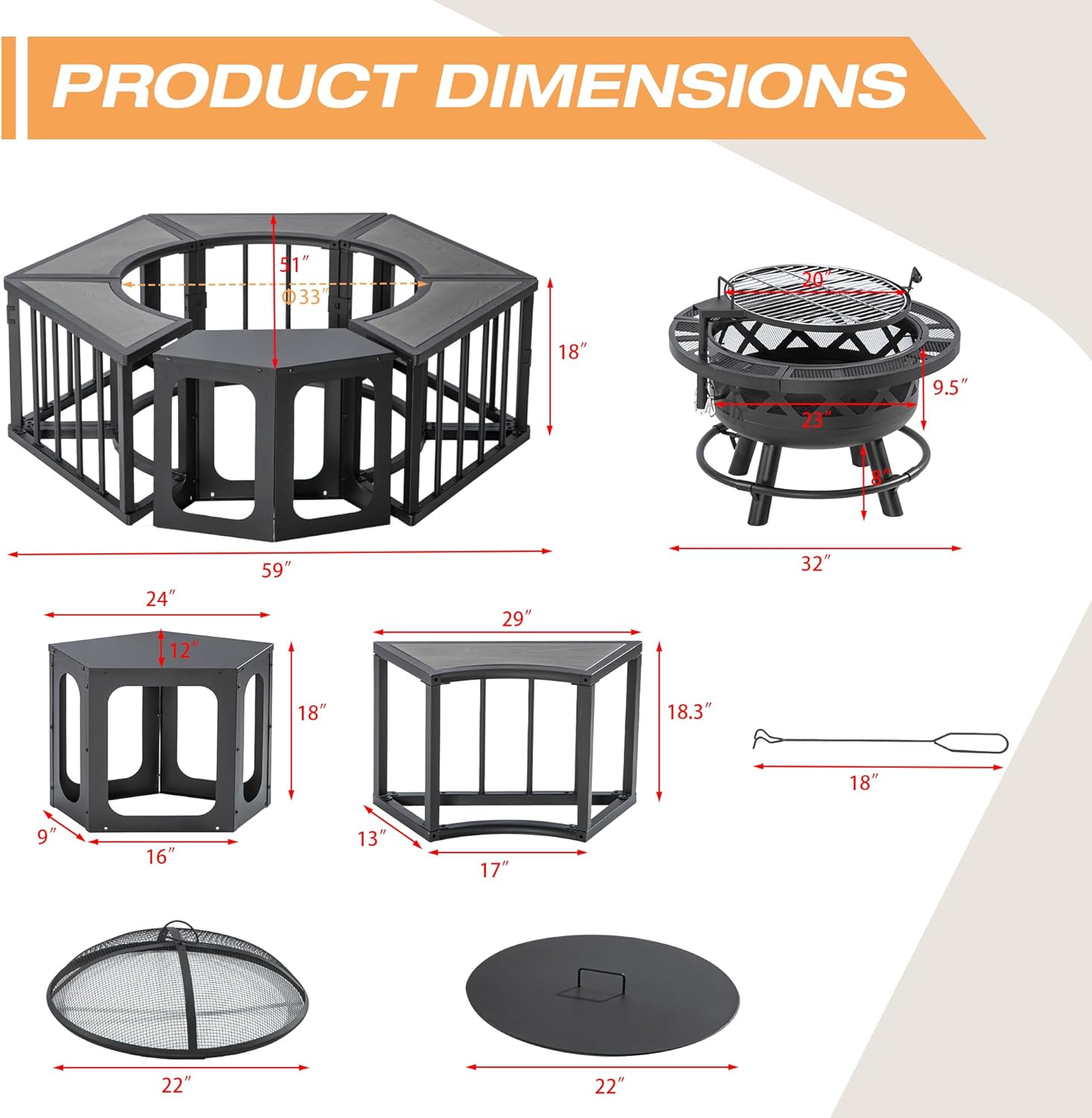 51 Inch Fire Pit with Grill and Wood-Grain Side Tables - Outdoor Wood Burning Fire Pits with Lids, Fire Poker and Metal Side Tables, BBQ Fire Pits for Picnic Party, Grey Wood Grain