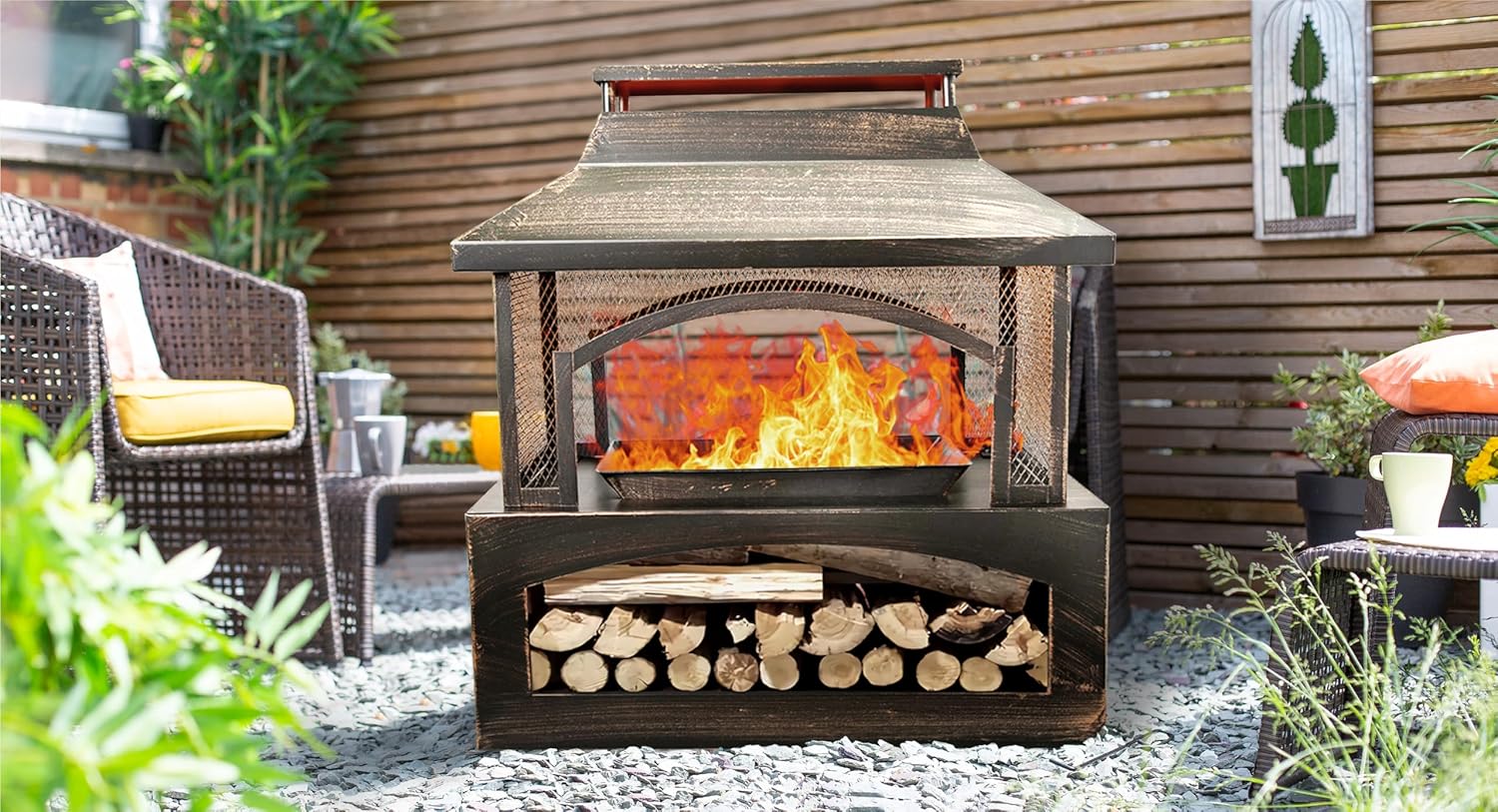 37 Inches Antique Brass Outdoor Wood Burning Fireplace with Log Storage & Poker – Rectangular Metal Fire Pit for Patio, Backyard – Brushed Bronze Finish (1 Door)