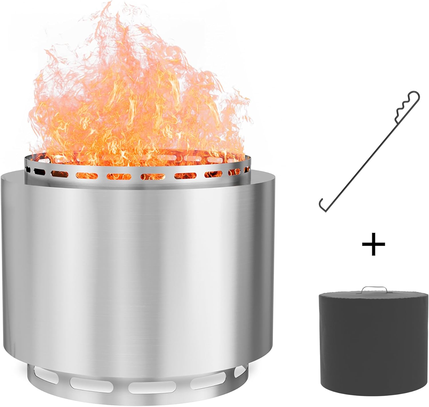 19 Inch Smokeless Firepit Outdoor with Fire Hook, Wood Burning Portable Fire Pit Stainless Steel for Backyard Patio Garden Picnic Camping (Silver)