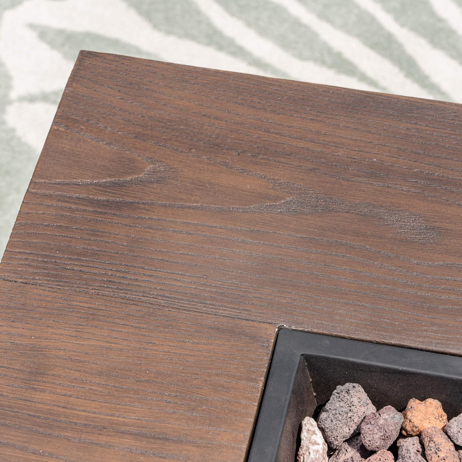 Great Deal Furniture Outdoor 4-Seater Aluminum Chat Set with Fire Pit and Tank Holder, Silver with Khaki and Brown with Wood Pattern