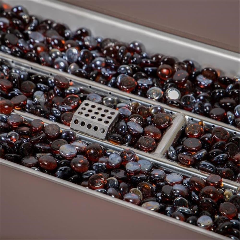 LeisureMod 44-Inch Propane Fire Pit Table, 50,000 BTU Auto-Ignition Gas Fire Pit with Lid, Tempered Glass Wind Guard & Decorative Stones, Dark Brown