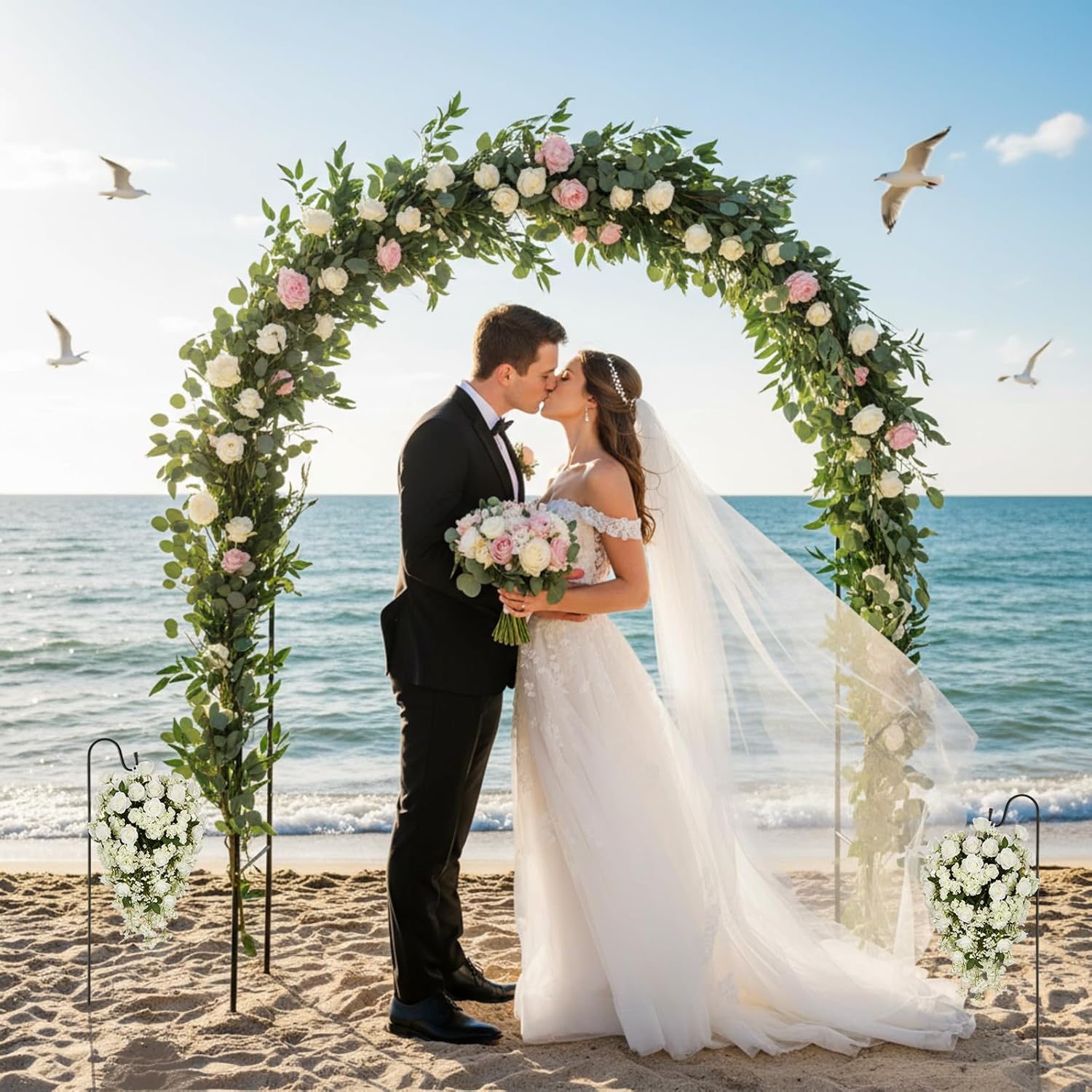 Lounsweer 7.8 ft H Metal Garden Arch Trellis for Climbing Plant Outdoor Garden Pergola Arbor with 12 Pack 31.4 Inch Shepherd Hooks for Hanging Christmas Lights, Lanterns, Wedding Christmas Party Decor