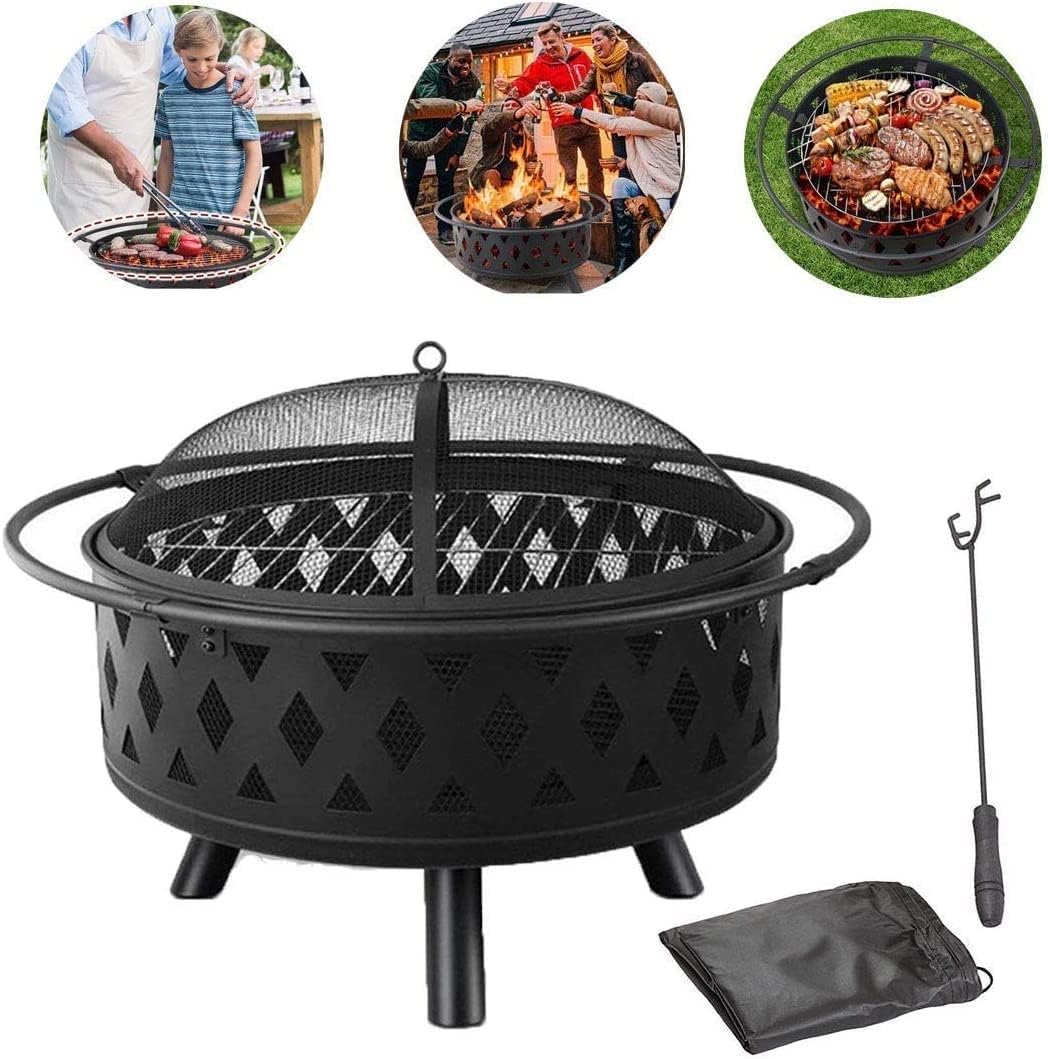 Outdoor Brazier Camping Fire Pit Camping Garden Patio Heater Fire Pits with Mesh Lid BBQ Grill Shelf Suitable for Bonfire Patio Backyard