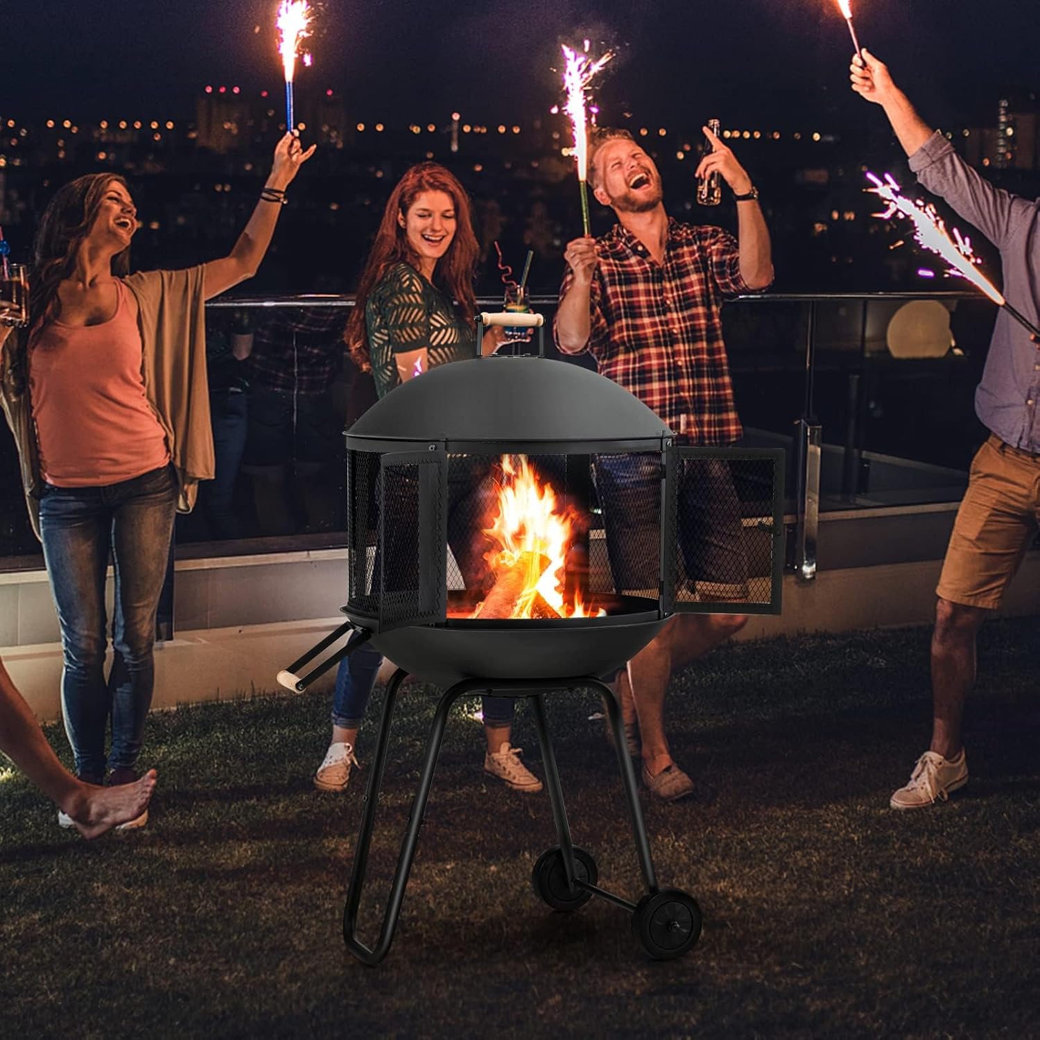 HAPPYGRILL 28” Outdoor Fire Pit, Rolling Patio Wood Burning Firepit with Lockable Doors, Fire Poker, Pine Wood Handle & Wheels, Heavy Duty Fire Pit for BBQ Entertaining Camping