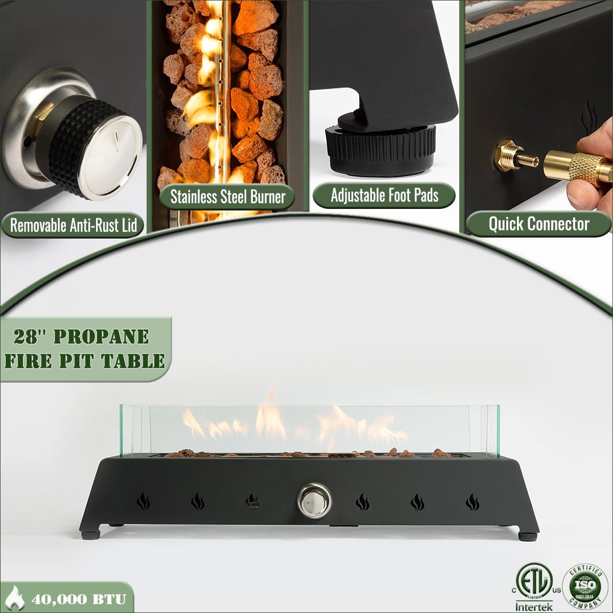 Large Table Top Fire Pit, 28 inch Propane Gas Fire Pit with Quick Connect Joint, Glass Wind Guard and Lava Rock, Outdoor Tabletop Fire Pit, Firepits for Outside, Patio, Garden, Yard Party or Dinning