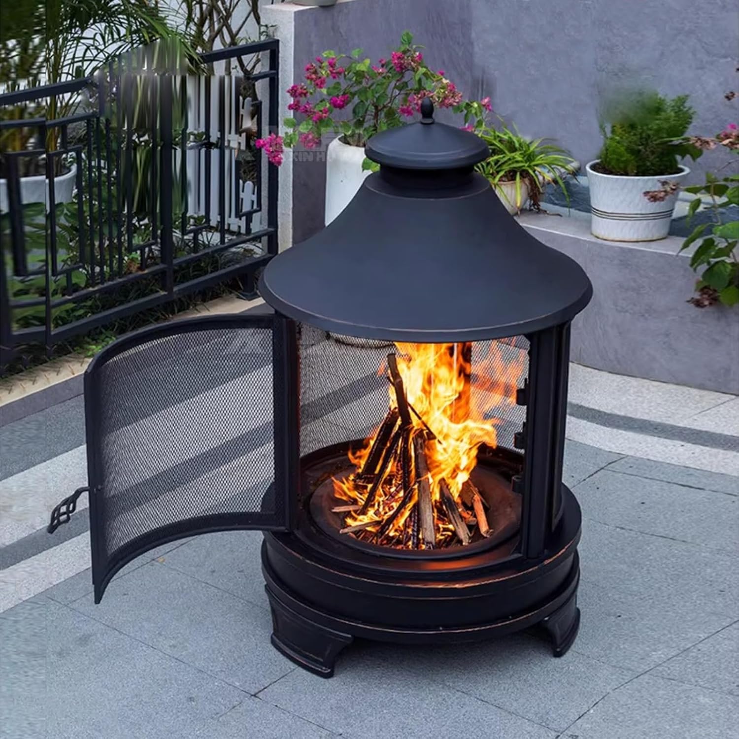 Metal Chiminea Fire Pit with Grill, 2 in 1 Outdoor Fire Pit, Camping Stove with Adjustable Grill Tray & Spark Screen Door, for Garden, Backyard, BBQ