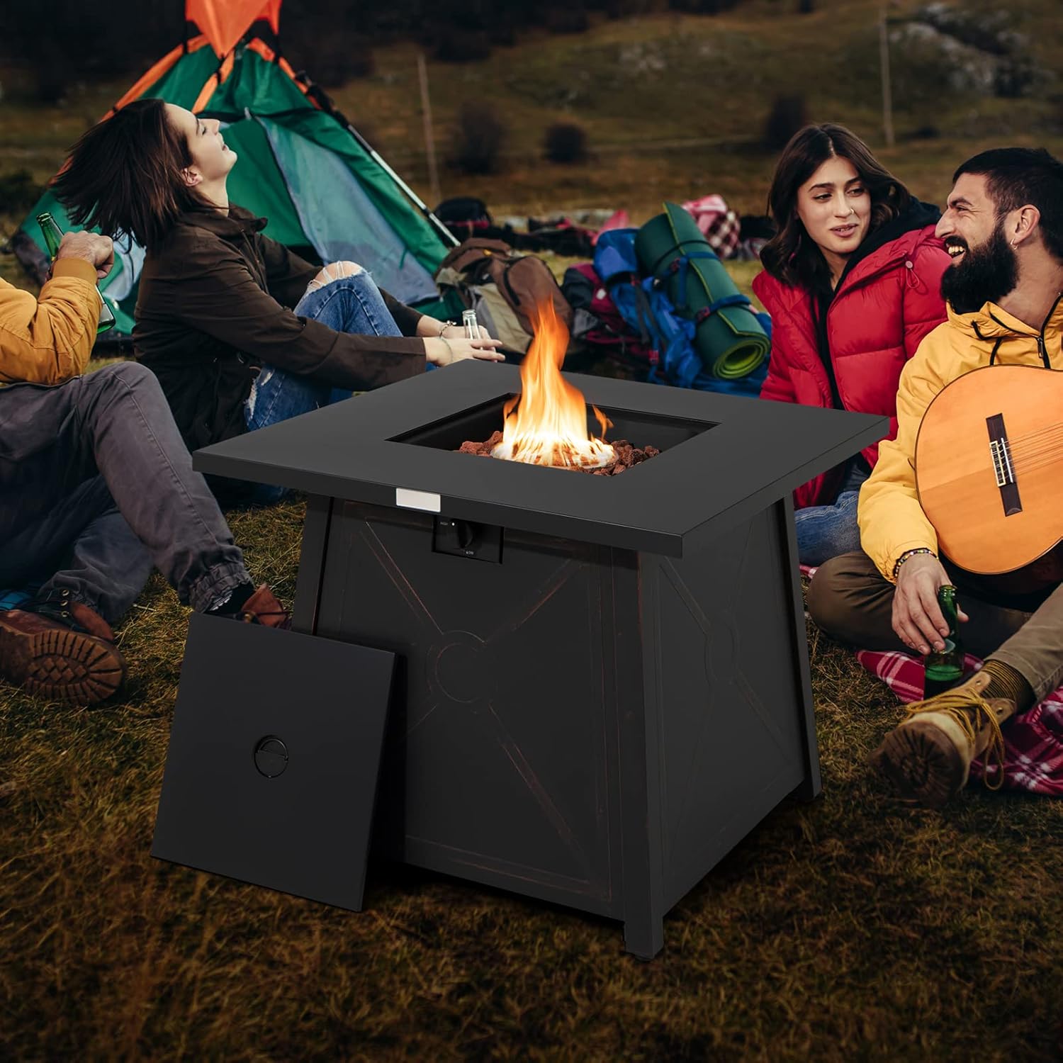 Tangkula 30 Inch Propane Gas Fire Table, Patiojoy 50,000 BTU Outdoor Square Fire Pit Table with Stainless Steel Burner, Solid Steel Frame, PVC Cover & Lava Rocks Included (Black)