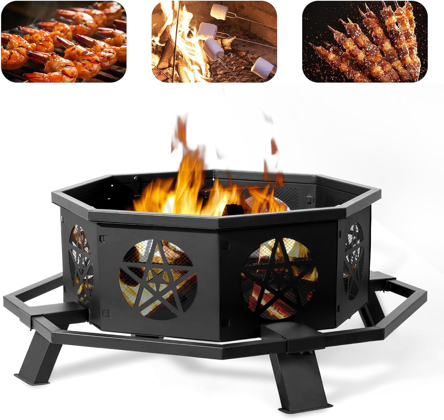 43 Inch Outdoor Fire Pit, Heavy Duty Wood Burning Firepits for Outside, Octagonal Metal Bonfire Fire Pits with Fire Poker for Camping, Backyard, Patio, Garden, Beach, Poolside, Picnic