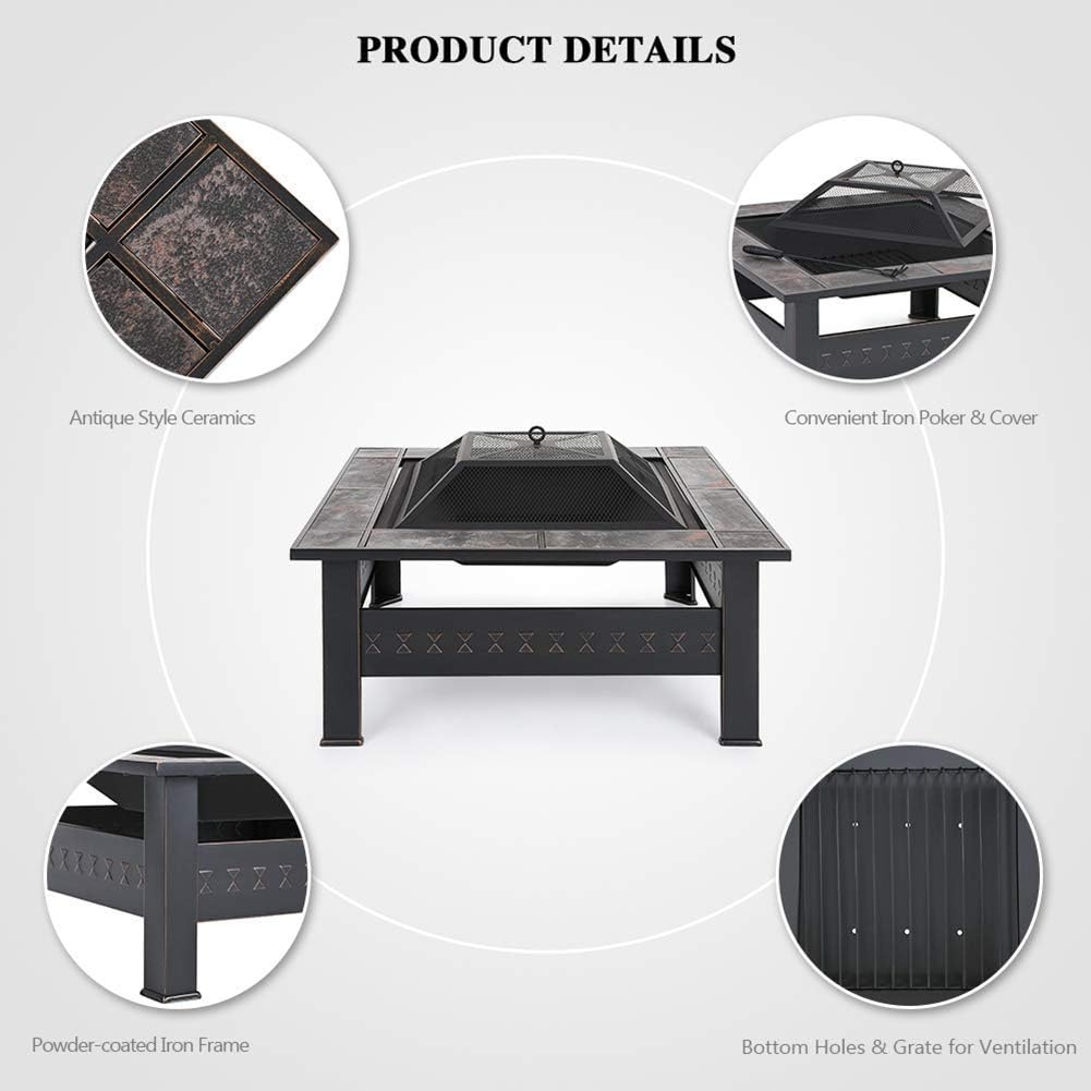 Outdoor Fire Pit Table, Multifunctional Garden Terrace Fire Bowl with Stainless Steel Grill and Log Poker, for Outdoor and Patio,Outdoor Fire Pits