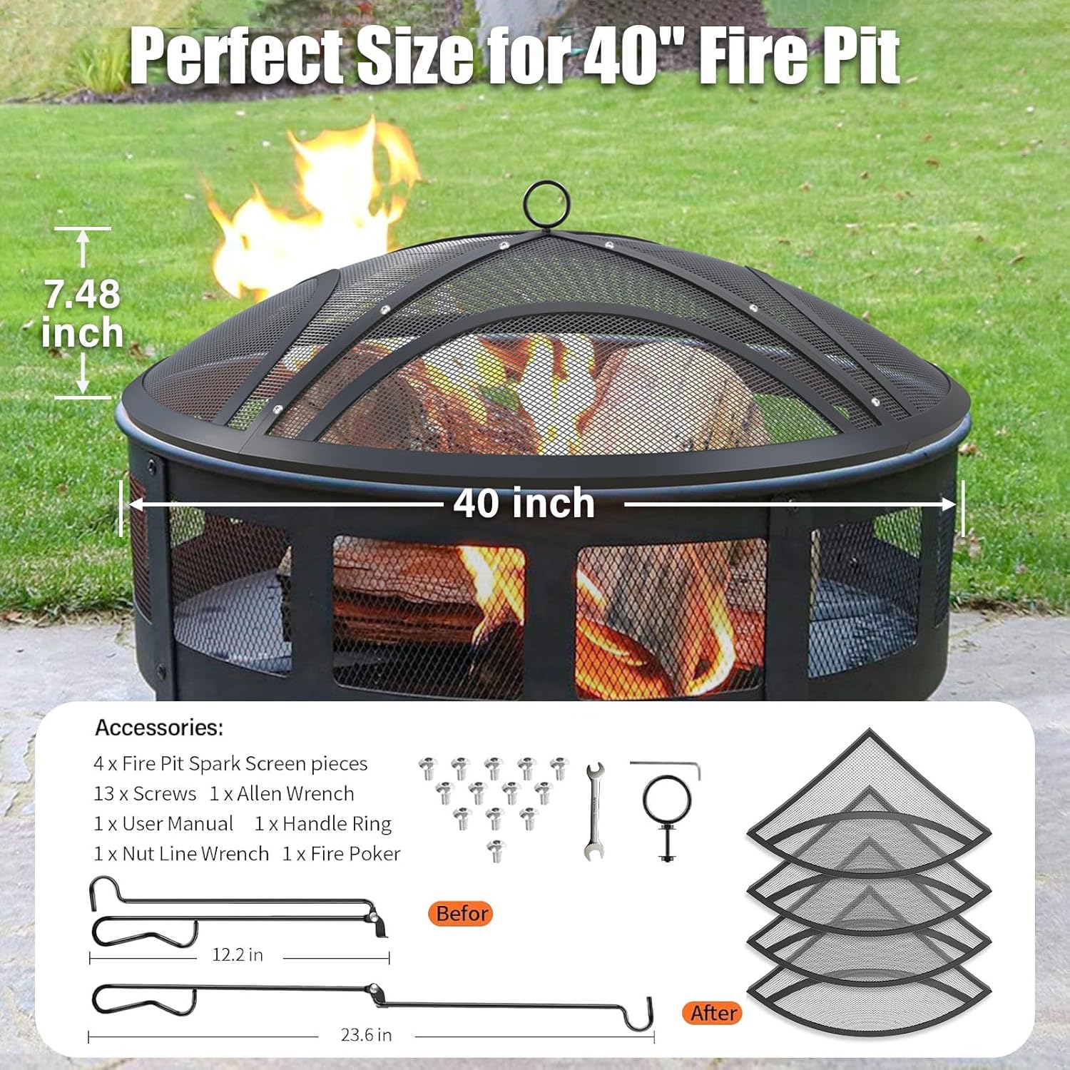 Fire Pit Spark Screen, Upgraded 40 Inch Outdoor Fire Pit Screen with Handle & Poker, Heavy-Duty Steel Fire Pit Cover Round Mesh Replacement Firepit Screen for Backyard/Beach/RV Camping