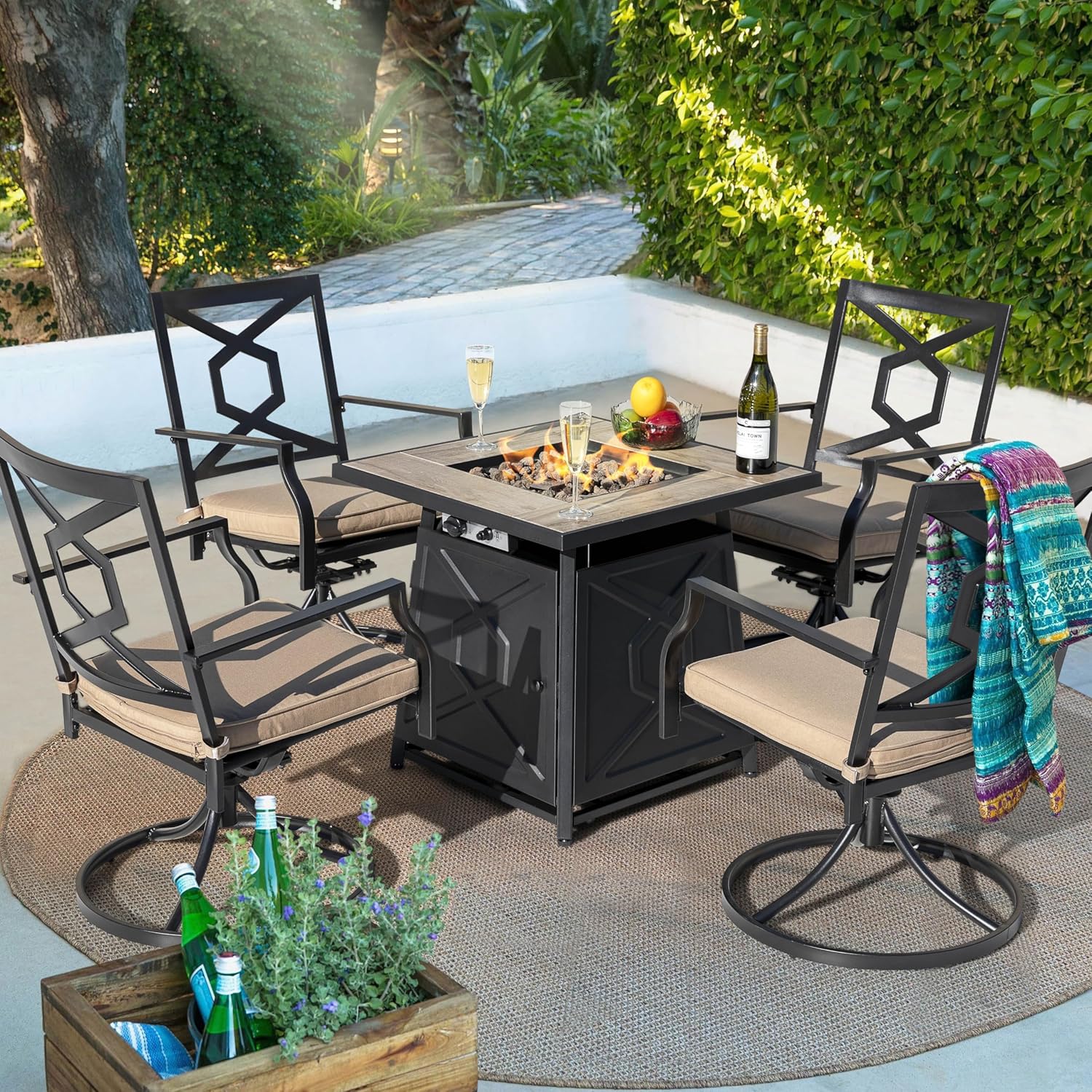 NUU GARDEN 5-Piece Patio Furniture Set with Fire Pit Table, 28'' 50,000 BTU Propane Gas Cabinet Fire Pit Table with Cover and 4 Dining Swivel Chairs with Padded Cushions, Black and Beige