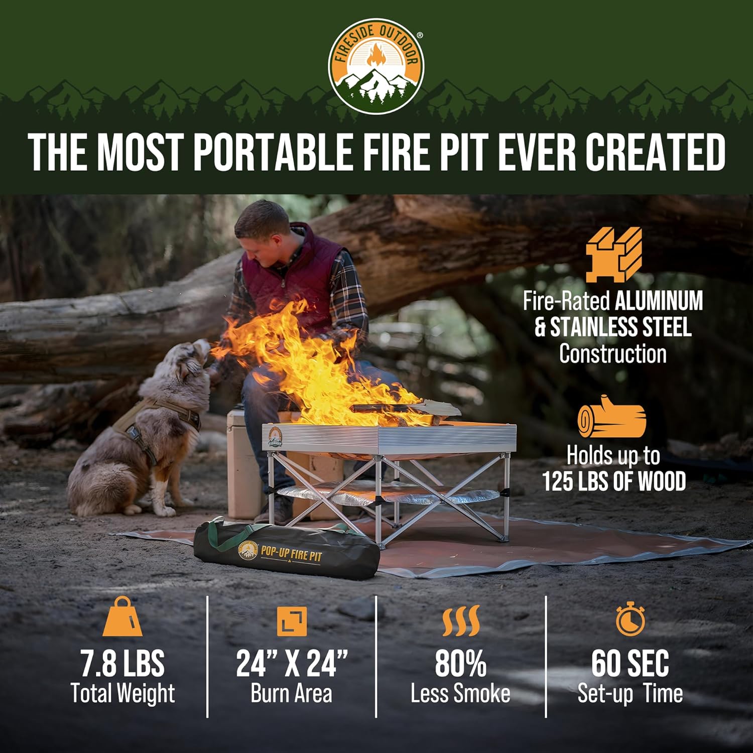 Fireside Outdoor Portable Fire Pit for Camping, Portable Fire Pit Grill for Backyard, Outdoor Firepit with Heat Protect, Camping Firepits, Standing Bonfire Outside for Backyard, 8 lb Weights - 24 inch