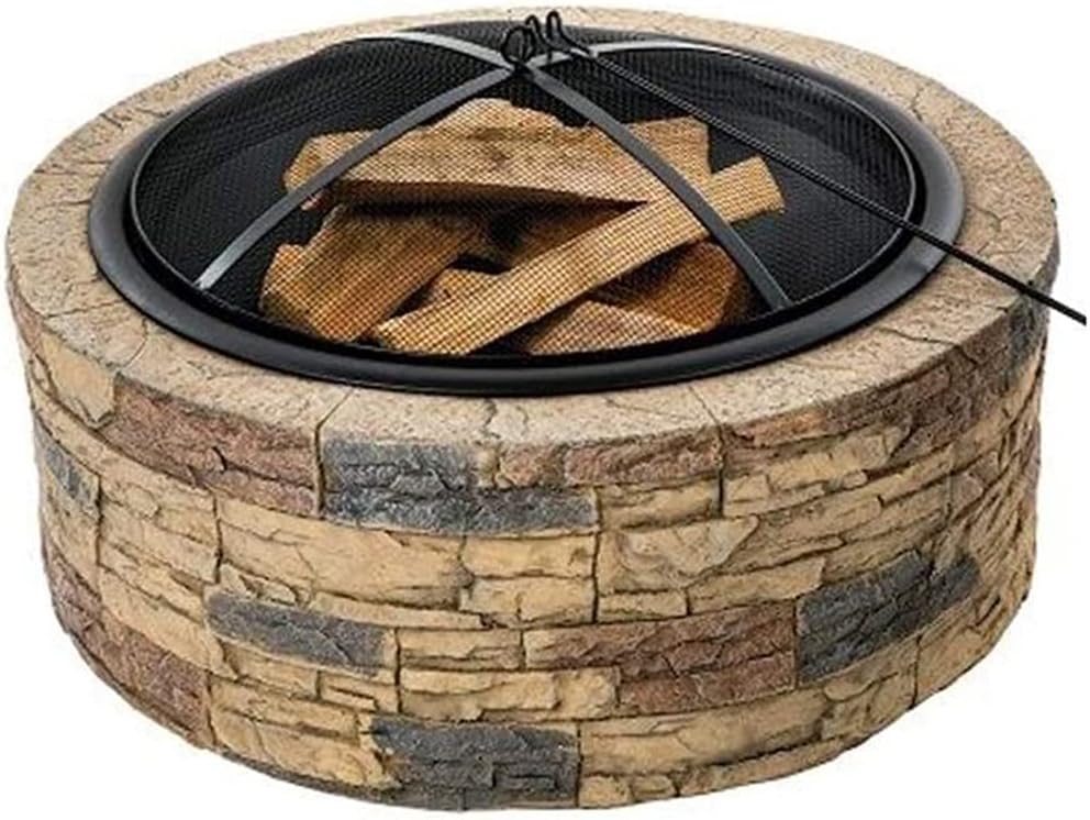 Outdoor Landscape firewood Warmer, Circular Charcoal Wood Heating Straw Imitation Stone Wood Graphic Stove Garden Hotel Decoration,A