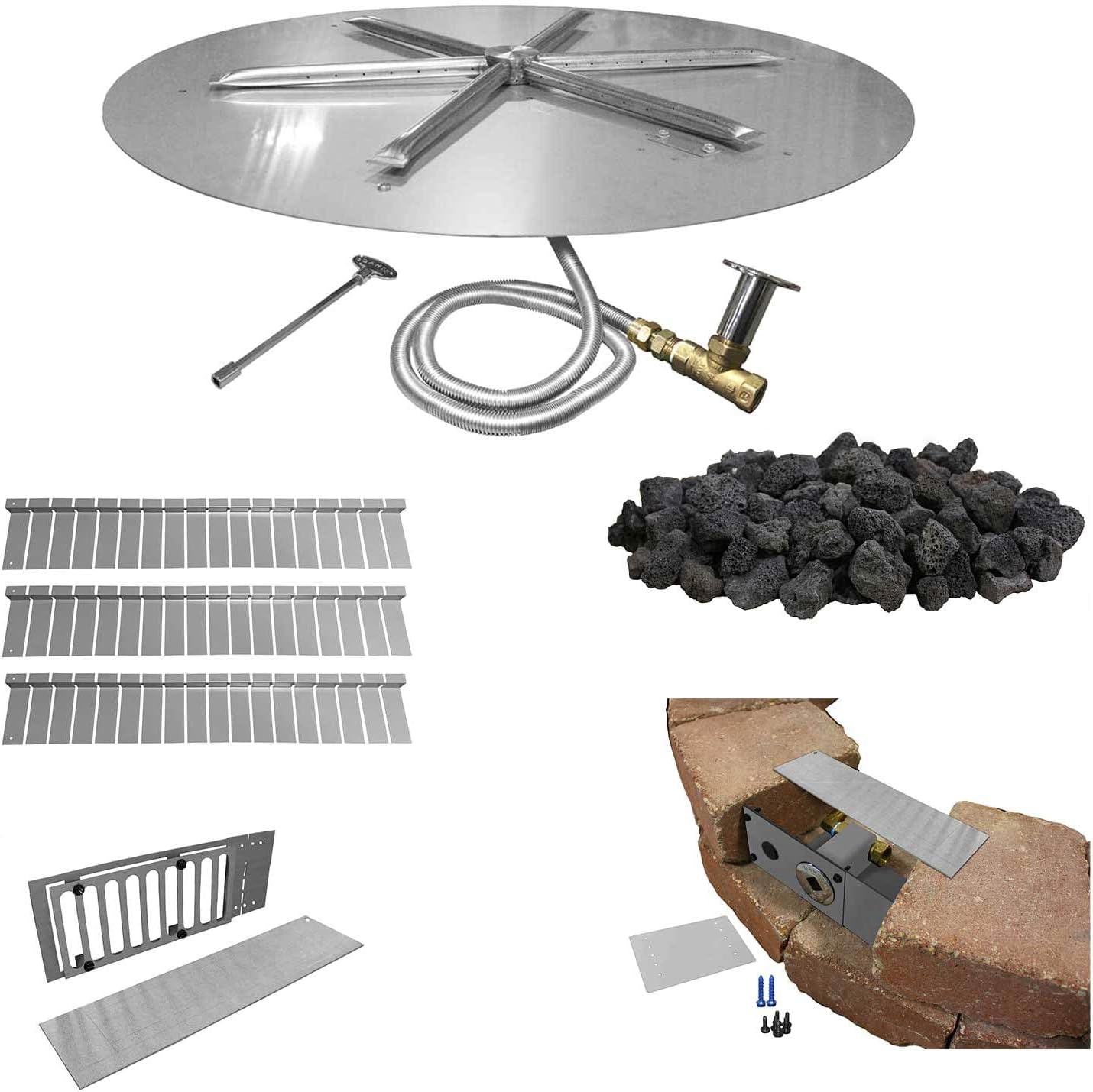 Firegear Round Stainless Steel Gas Fire Pit Burner Kit for Paver Blocks with Match Light Ignition, 34-Inch Pan, 31-Inch Burning Spur, Natural Gas (FPB-34D31MTN-PK)