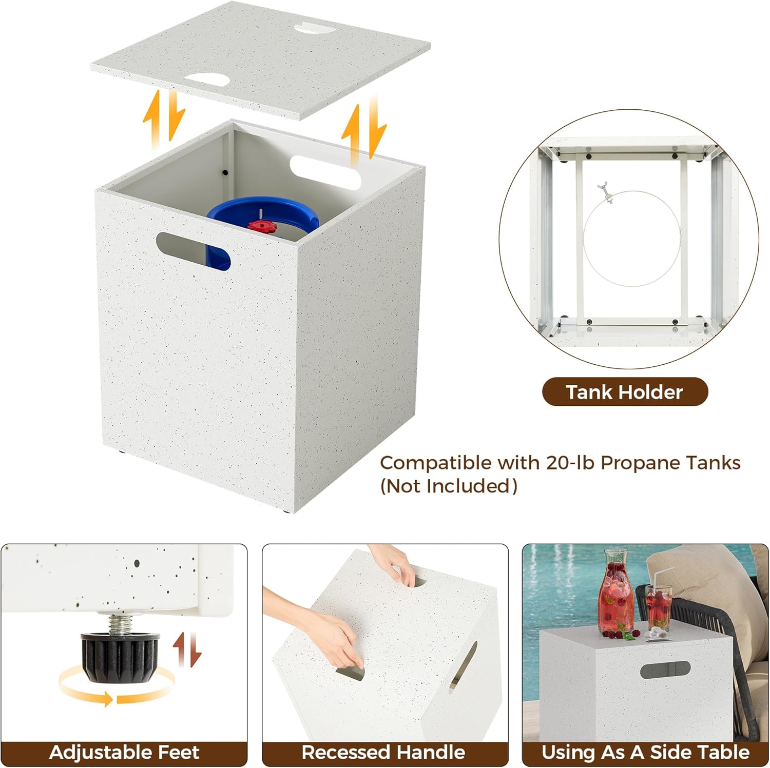 IRONCK 43-inch Outdoor Propane Fire Pit Table w Tank Table, CSA Certified, 2 in 1 Rectangular Patio Fire Pit w Glass Rocks, Wind Guard and Cover, 50000 BTU Outdoor Heater for Garden, Pool, White