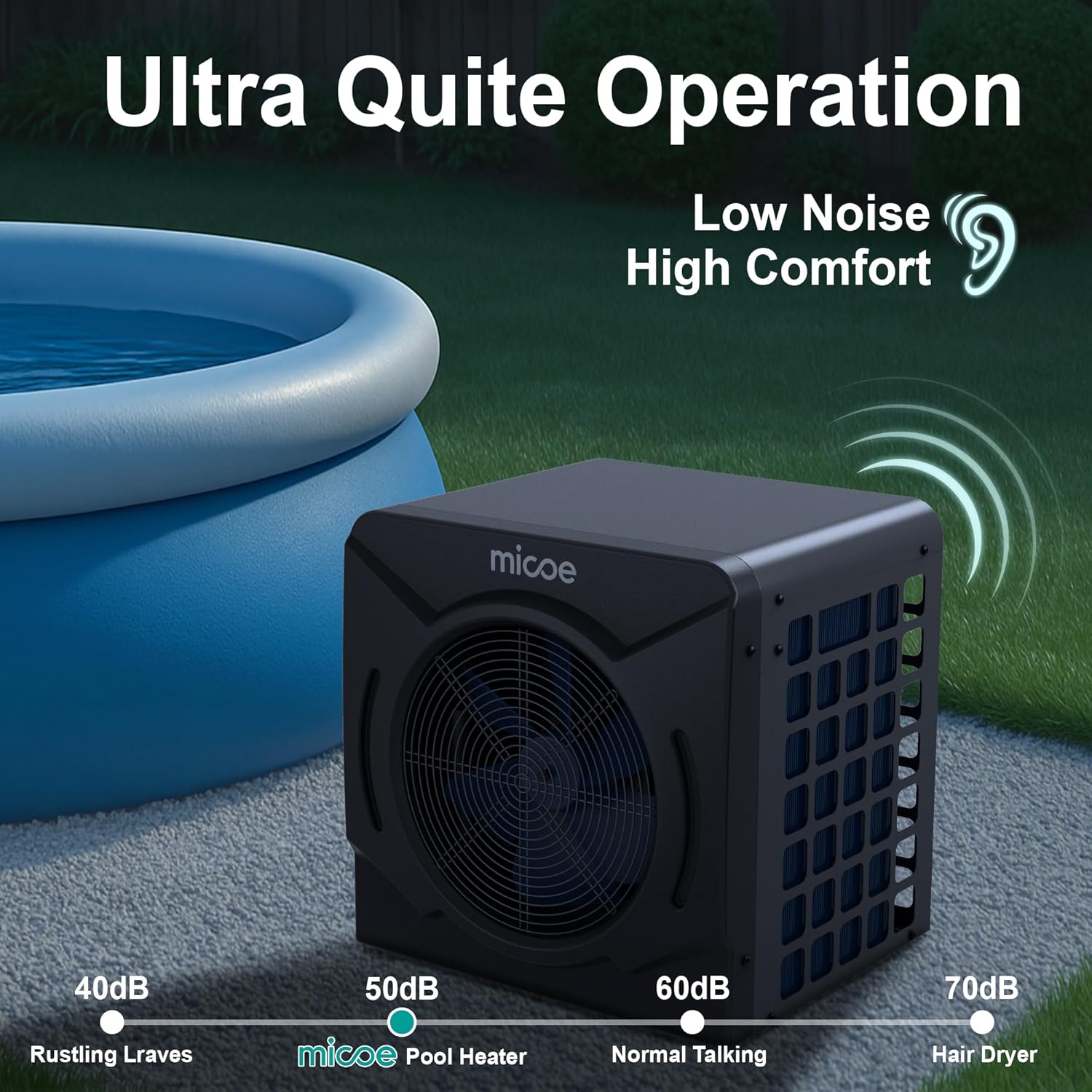 MICOE 17000 BTU Pool Heater for Above Ground, Swimming Pool Heat Pump Heating or Cooling, Titanium Heat Exchanger，Ultra Quiet 50dB, 120V with Easy Install Kit