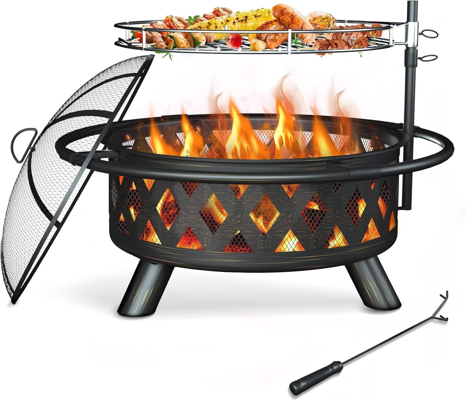 Amopatio Outdoor Fire Pit with Lid, 30 Inch Large Outdoor Wood Burning Fire Pits, Patio Backyard Firepit with Steel BBQ Grill Cooking Grate, Spark Screen & Poker for Garden, Bonfire, Camping, Picnic