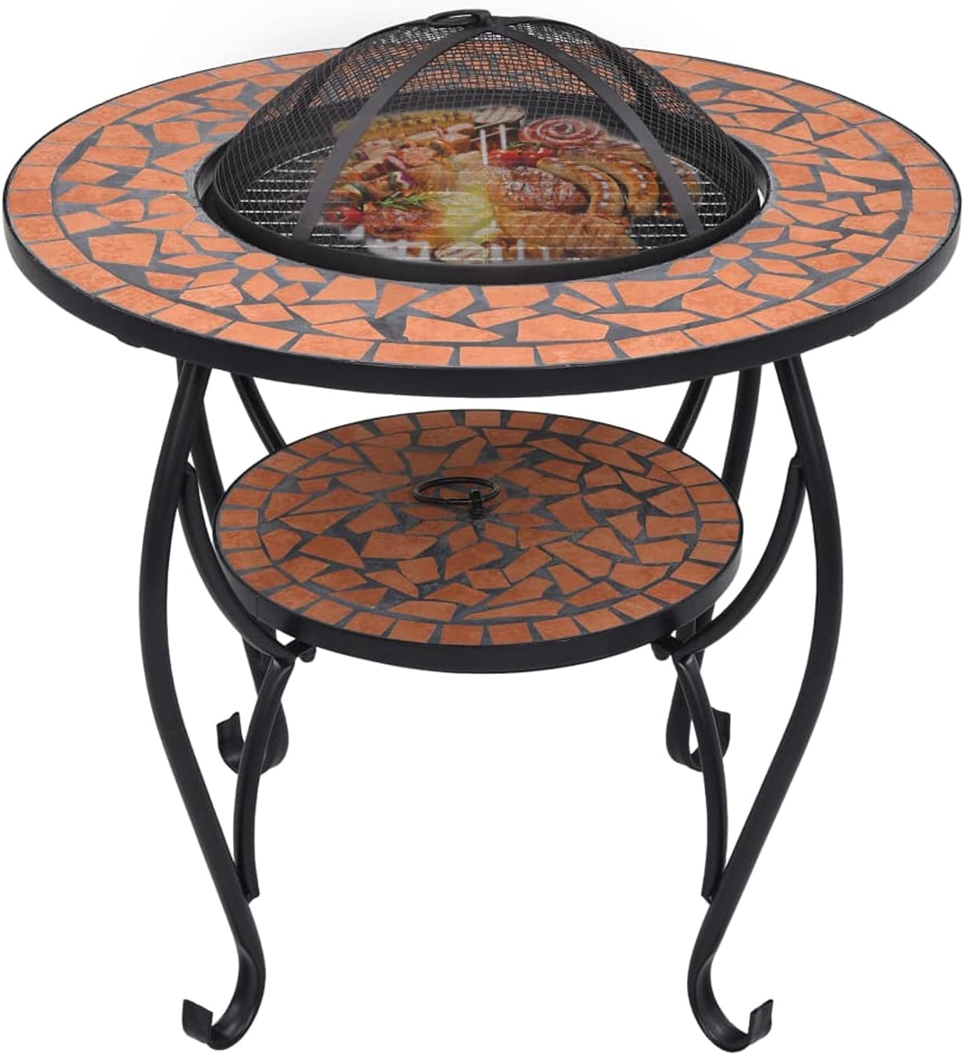 Mosaic Fire Pit Table, Ceramic Round Fire Pit with Safety Mesh, 26.8 Inch Terracotta Steel for Outdoor Garden or Patio