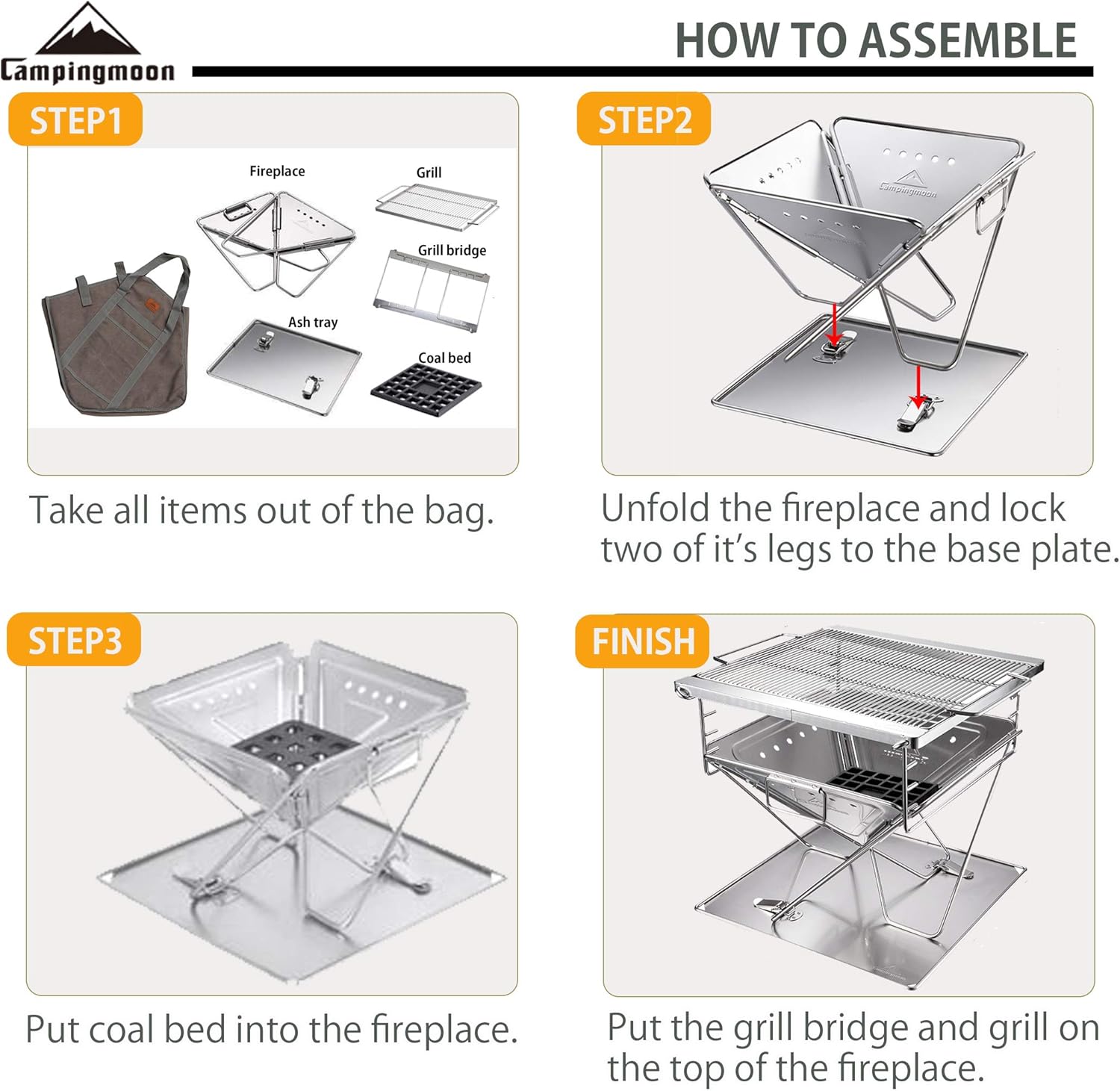 CAMPINGMOON 3-in-1 Portable Stainless Steel Wood Burning Grill and Fire Pit 14x15.35-inch with Carrying Bag MT-035