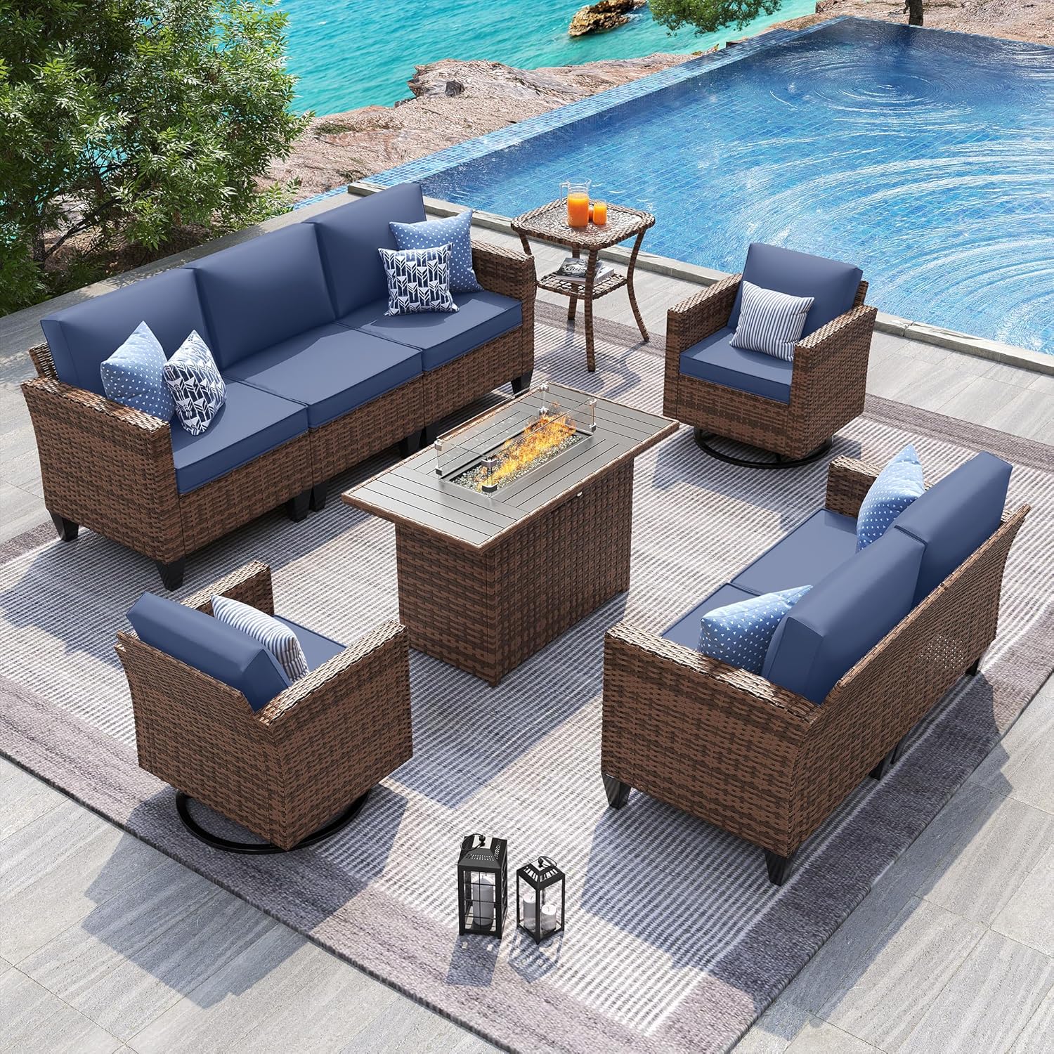 UDPATIO Patio Furniture Set with Fire Pit Table and Swivel Rocking Chairs, 6 Pieces Outdoor Wicker Furniture Set with Waterproof Cover, 4'' Thickened Cushion, Navy