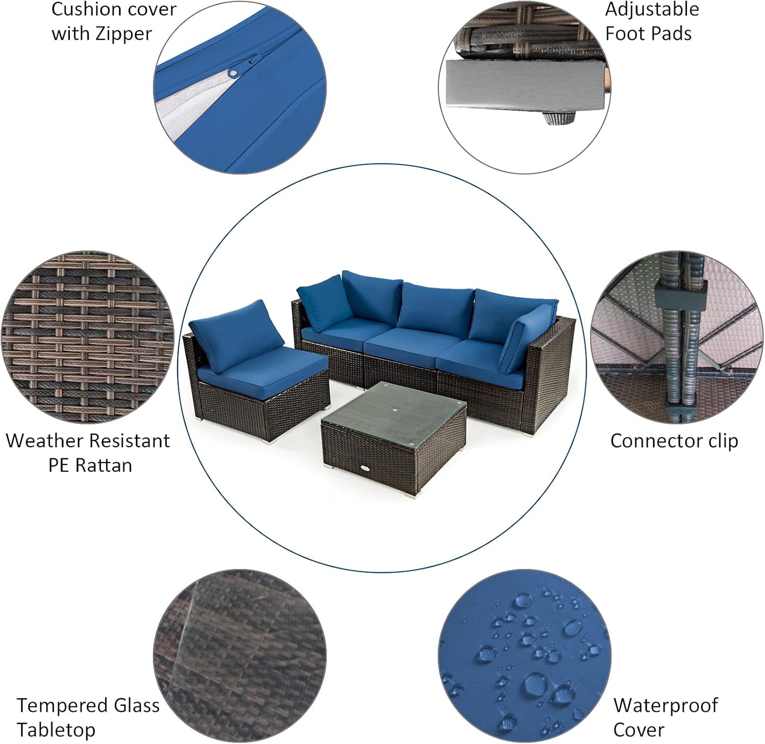 COSTWAY 6 Piece Patio Furniture Set with 42'' Fire Pit Table, Outdoor Wicker Rattan Sectional Conversation Set with 4'' Thickened Cushions, Armless Sofa and Side Coffee Table for Backyard (Navy)