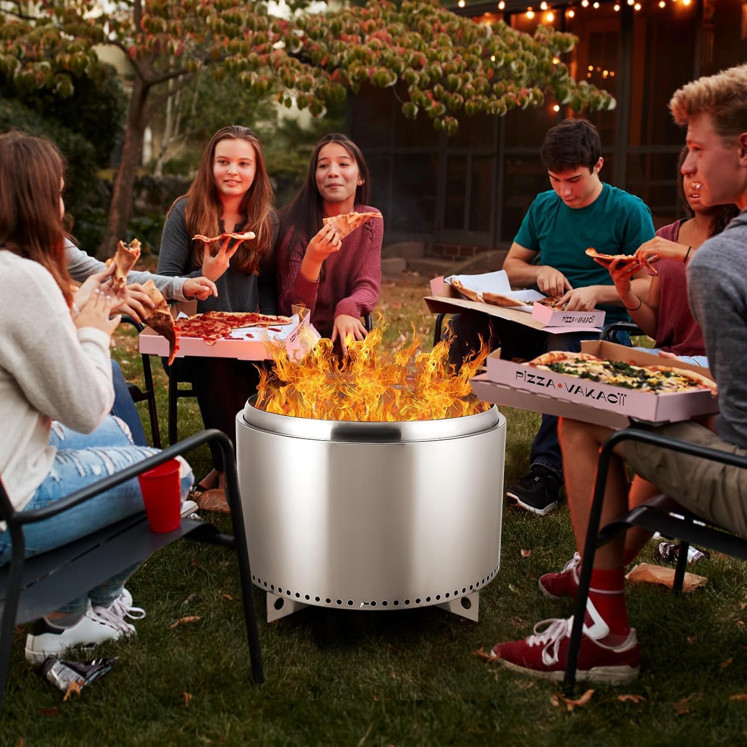 27 Inch Stainless Steel Smokeless Outdoor Fire Pit, Burning Wood, Particles,Coal, Removable Stand and Ash Pan, Perfect for Bonfire, Camping, Picnic, Family Gatherings for Garden