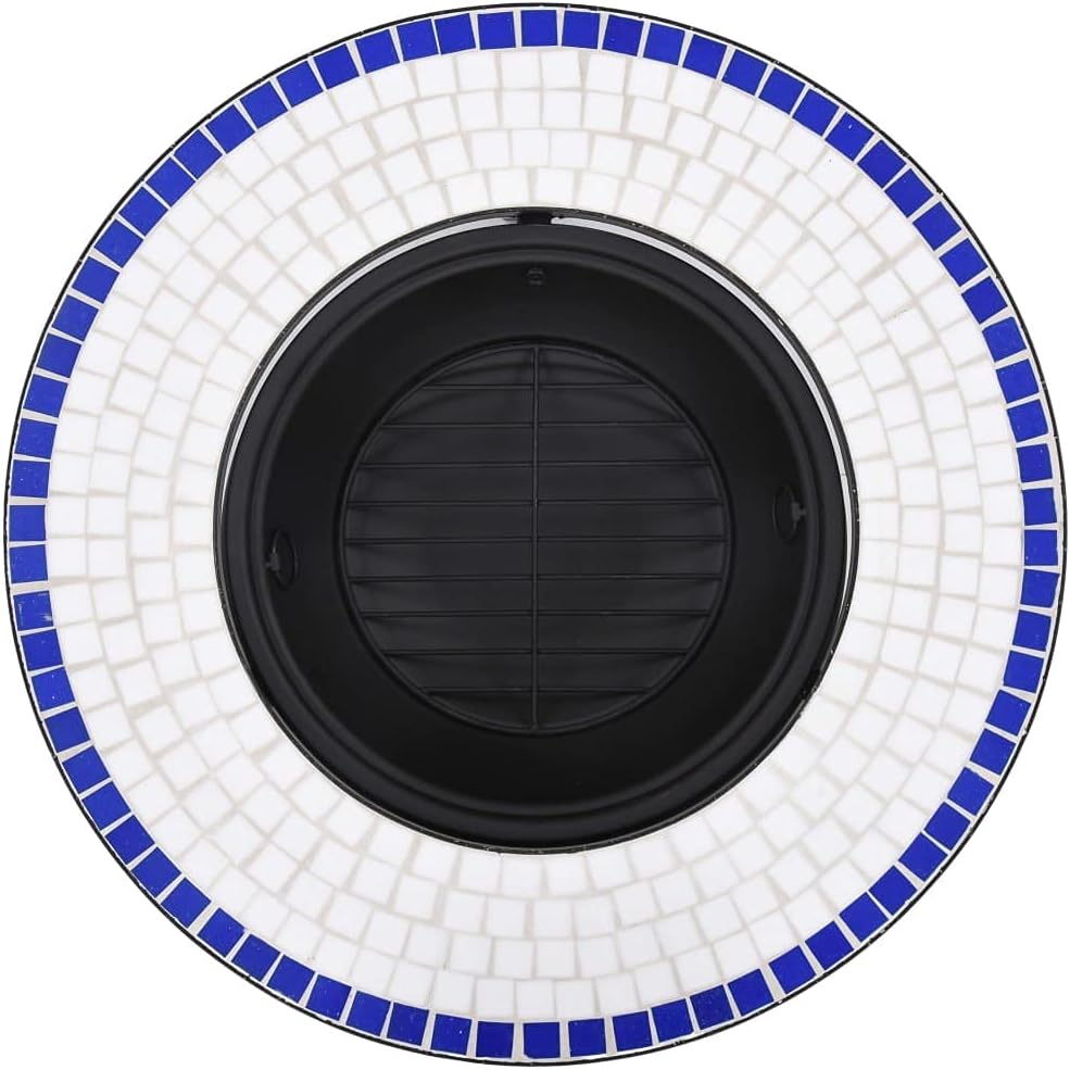 Ceramic Burning BBQ Grill, Outdoor Wood Burning Grill for Camping Picnic Campfire Patio Backyard Garden Beach Park,Mosaic Fire Pit Blue and White 26.8