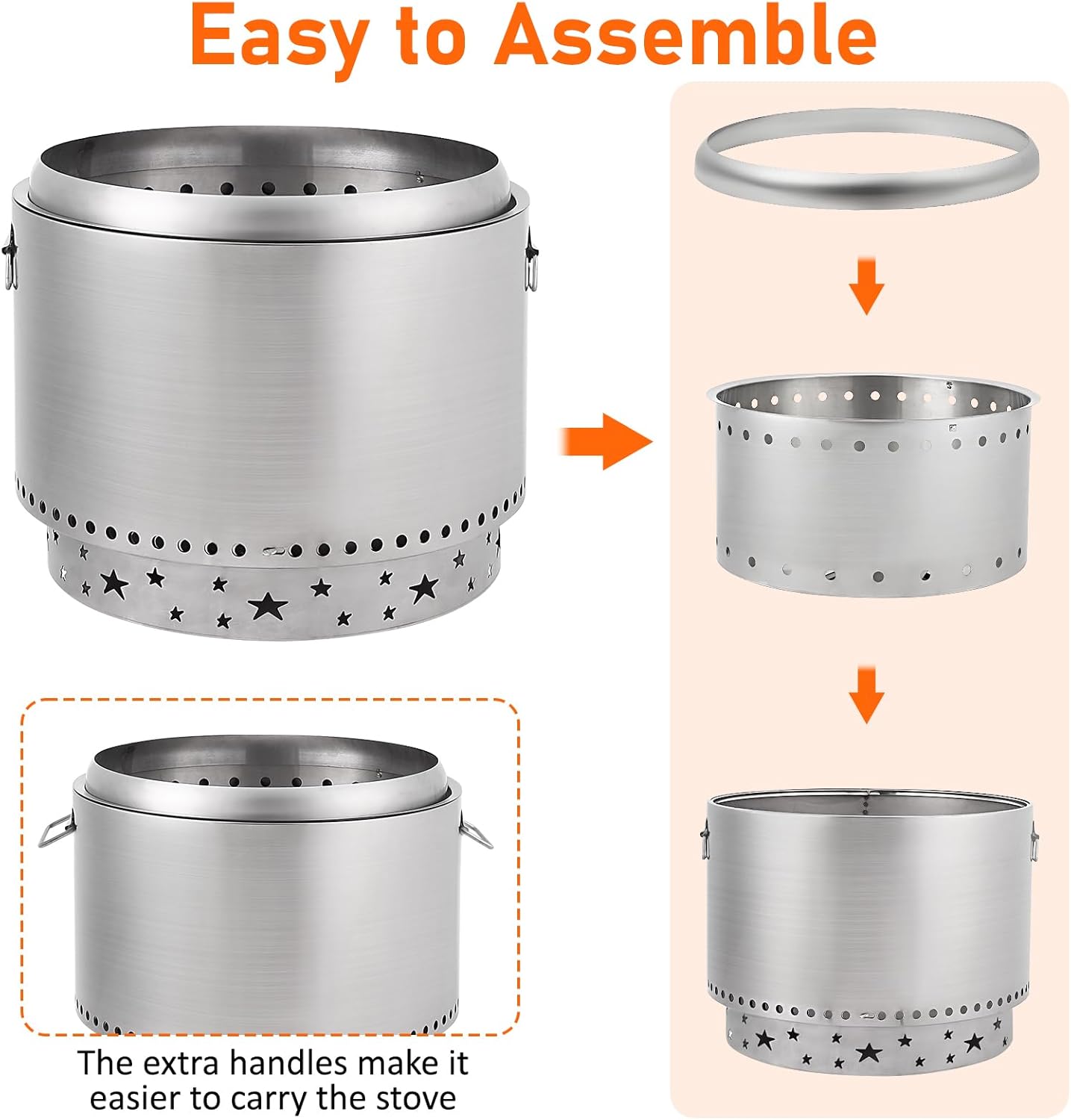 Smokeless Fire Pit 20.5’, Portable Fire Pit with Stand, Handles Design, Stainless Steel Stove Wood Burning, Removable Ash Pan, for Camping, Garden, Backyard