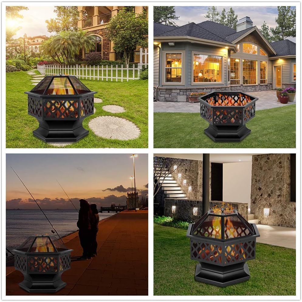 Fire Pits 27in Hexagonal Metal Fire Bowl Outdoor Firepit Backyard Patio Wood Burning Fireplace with Mesh Screen Cover Poker for Camping Picnic Bonfire