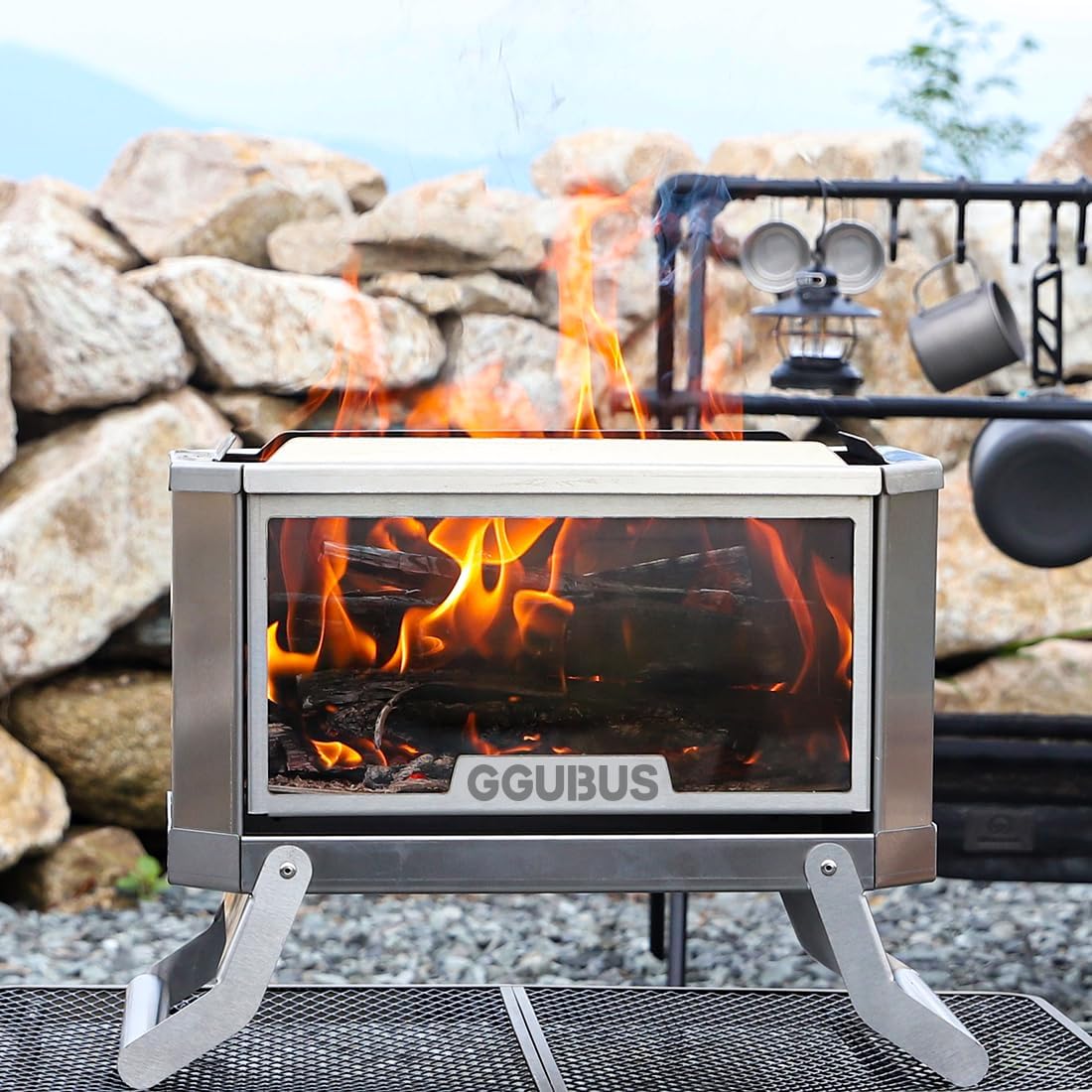 GGUBUS Stainless Steel Dual Stove XL – Foldable Camping Fire Pit with Tempered Glass Panel Option, 2-in-1 BBQ Grill & Bonfire, Tool-Free Assembly, Carrying Case (Tempered Glass Panel Only)