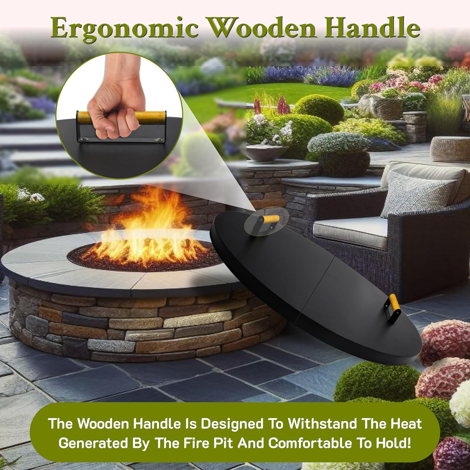 42” Round Fire Pit Lid – Heat Resistant Fire Pit Cover Lid Round for Outdoor Fireplace -16 Gauge Steel Flat Fire Pit Burner Pan Cover with Dual Wooden Handles Snuffer Lid for Patio Fire Pit Ring