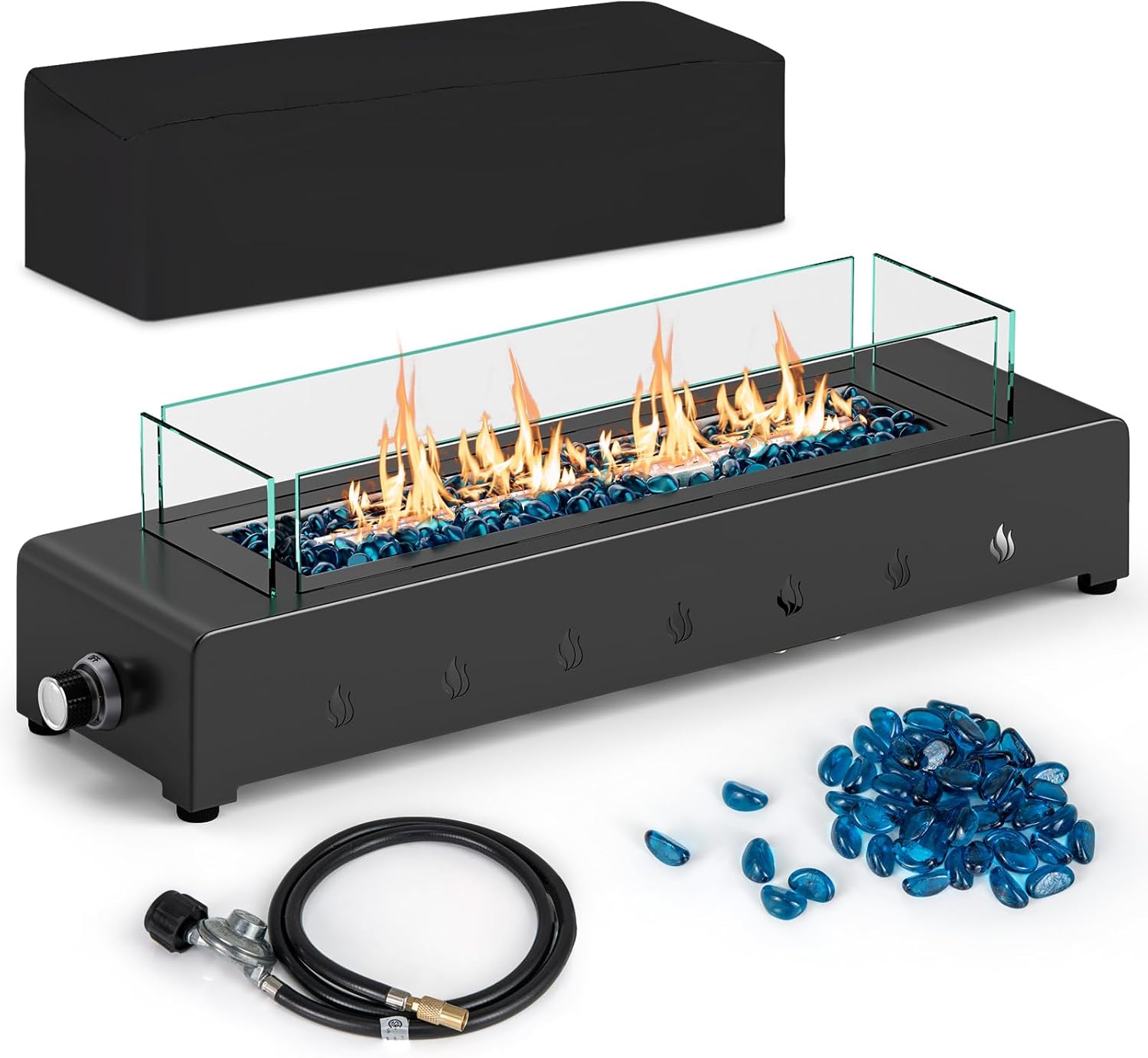 Happygrill 30 Inch Tabletop Propane Fire Pit, 40,000 BTU Table Top Firepit Fire Bowl with Wind Guard, Glass Rocks, Stainless Steel Burner & Cover, Outdoor Portable Fireplace for Patio, Camping