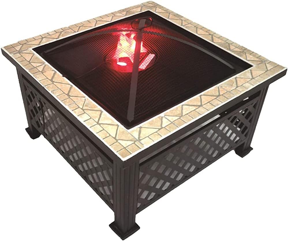 Square Fire Pit Table,Built-in Fire Bowl Table,Metal Bonfire Firepit with Mesh Spark Screen Cover,Outdoor Patio Heater Wood Burning,Garden Fireplace for Camping