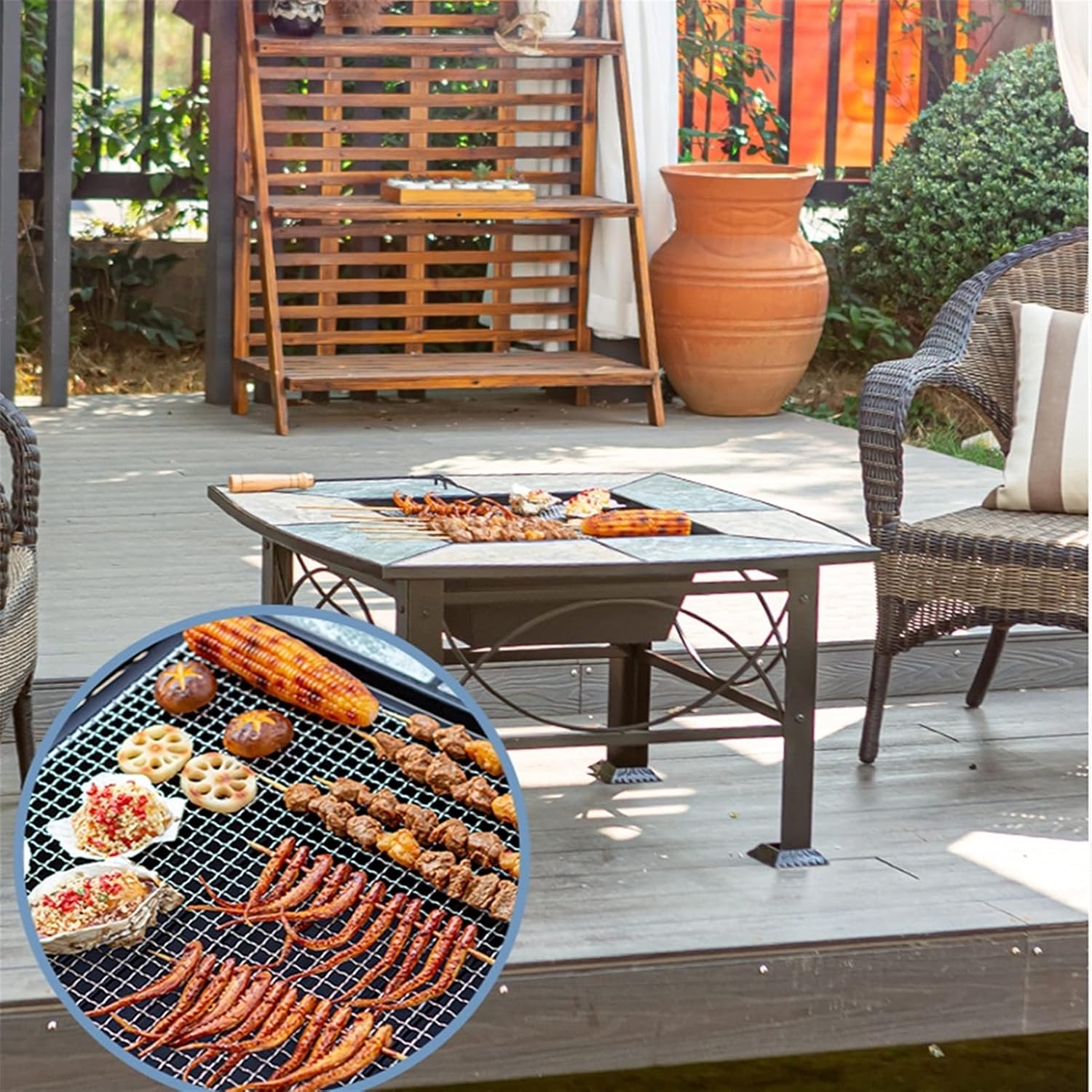 Barbecue Brazier Outdoor Grill Table Fire Pit Garden Patio BBQ Table Charcoal Outdoor Grill Household with Net Cover Heating Charcoal Brazier, Ice Pit 83x 83x 48cm