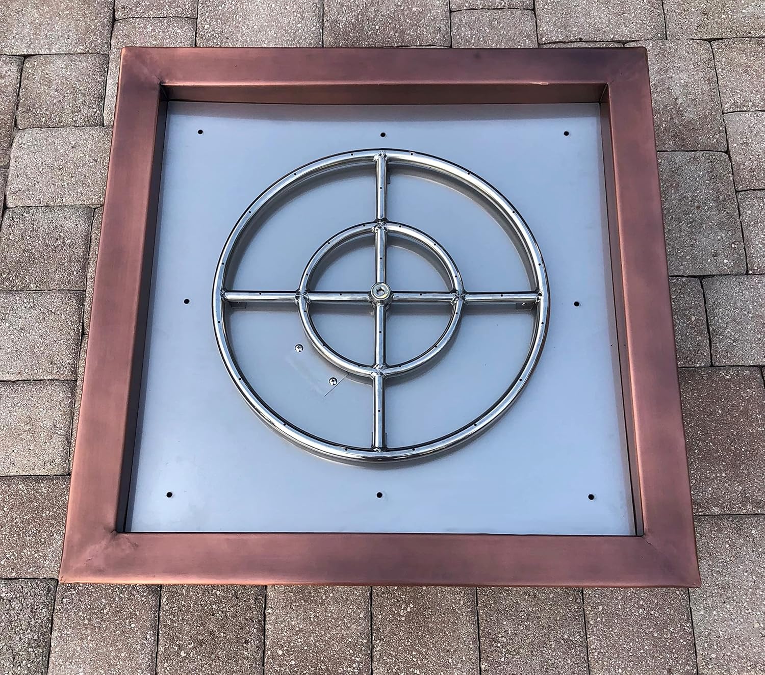 30 Inch Hammered Copper Bowl Square Propane or Natural Gas Fire Pit with 18 inch Diameter Burner Ring 147,000 BTU