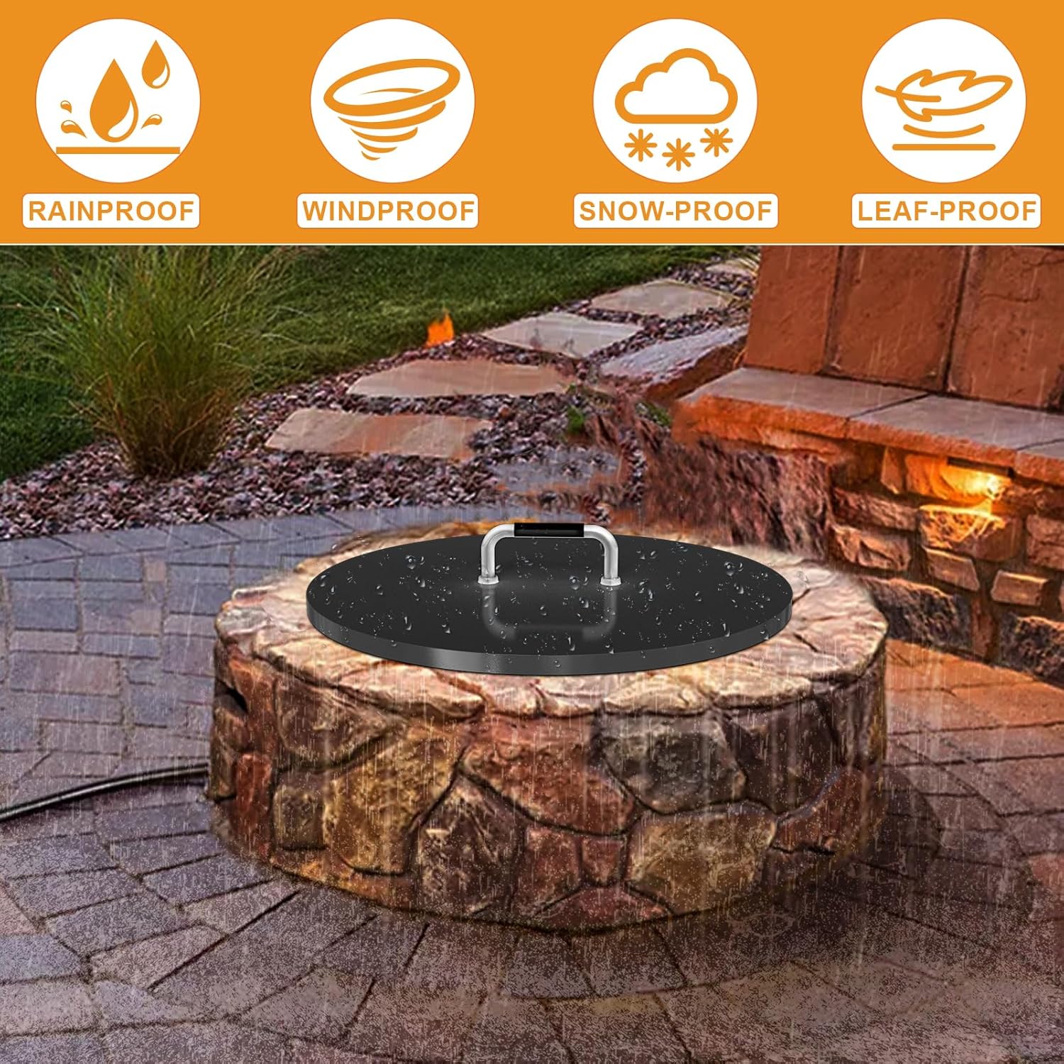 28 inch Universal Fire Pit Metal Cover for Outdoor Round Patio Fireplace, Snuffer Lid for Outdoor Round Built in Stone Firepit, Rust Resistant Coated Steel Fire Pit Ring Cover, Heat Resistant