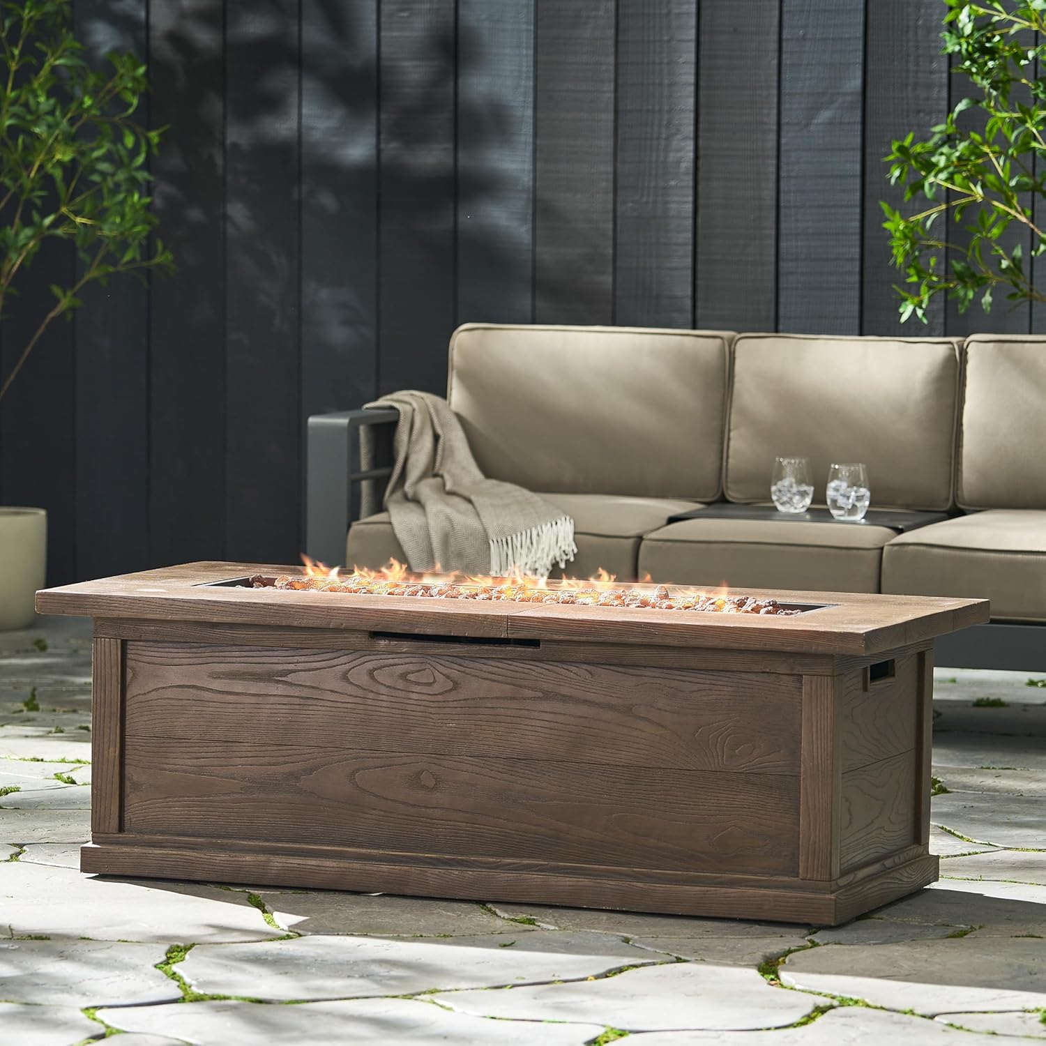 GOWE 56'' Rectangular Outdoor MGO 50,000 BTU Propane Fire Pit, Brown Wood Pattern (Tank Cover not Included)