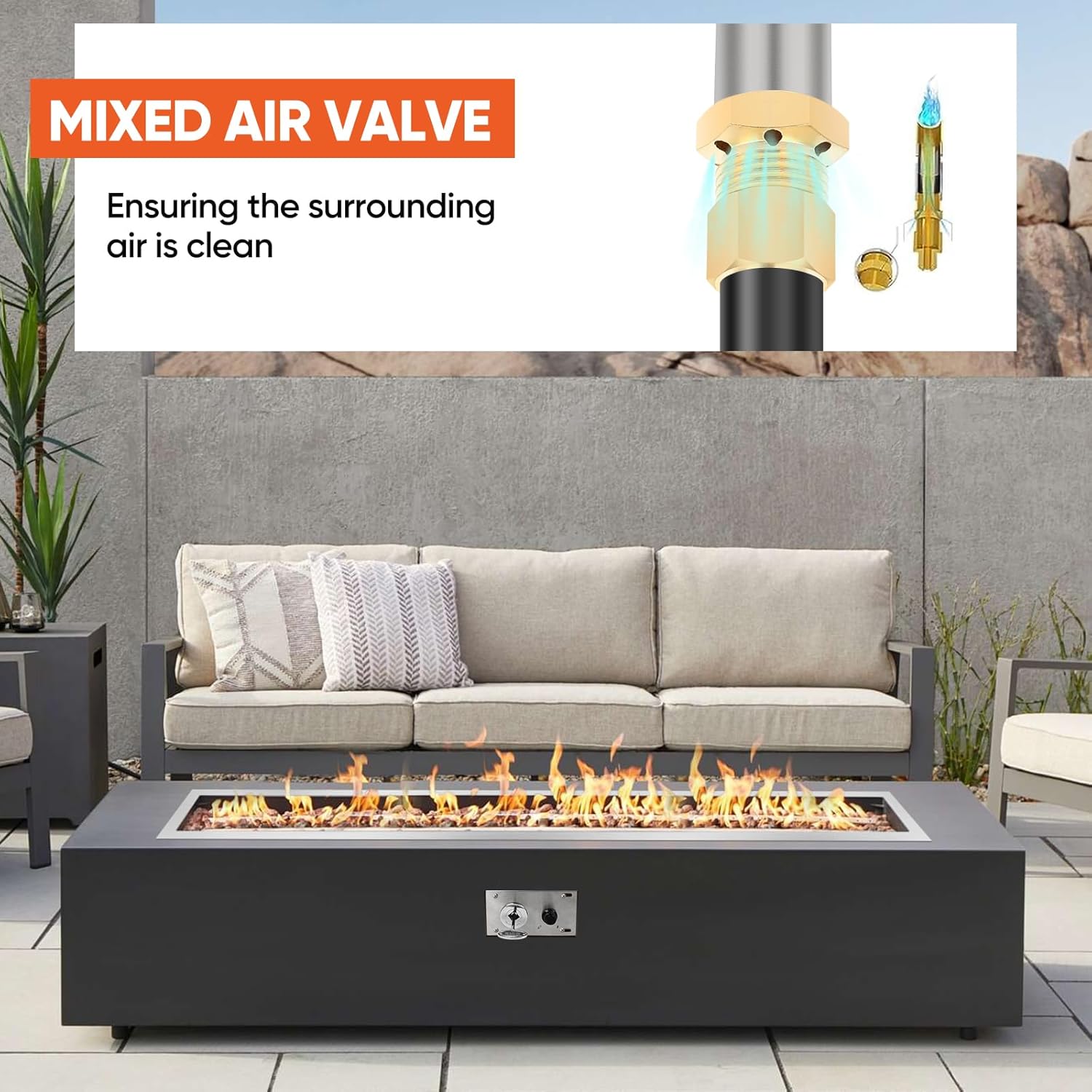 Dollate Drop-in Fire Pit Kit 48 x 14 Inch, Rectangular Fire Pit Insert H Burner with Spark Ignition and Propane Hose Kit, Fire Pit Pan for Indoor or Outdoor Decorative Fireplace