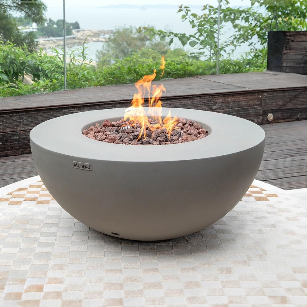 Modeno ROCA Outdoor Gas Firepit Table 34 Inches Fire Pit Patio Heater Concrete Outside Electronic Ignition Backyard Fireplace Cover Lava Rock Included Natural Gas