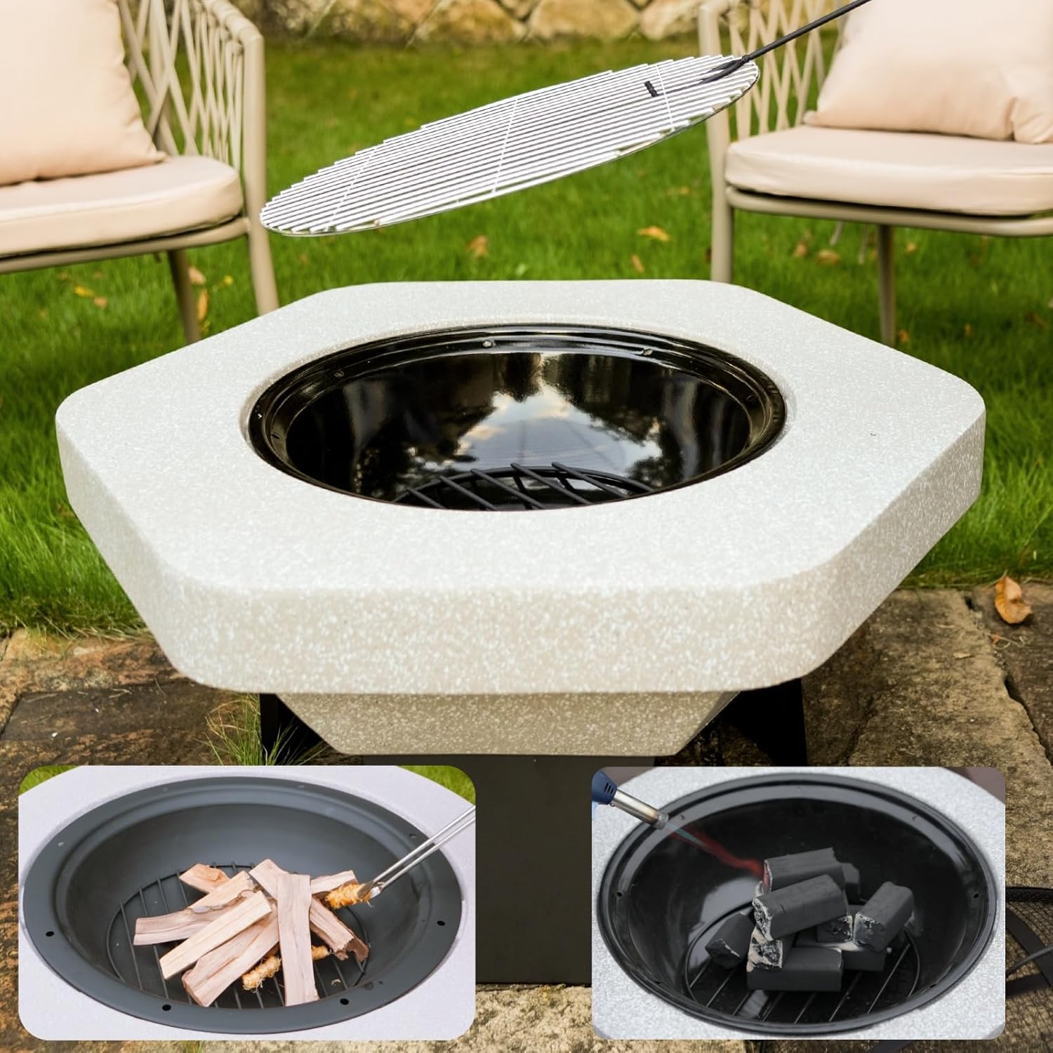 Wood Burning Concrete Outdoor Fire Pit,Heat Resistant MGO Ceramic Material Base with BBQ Grill Firepit for Patio Garden,Backyard Barbecue,Outdoor Gatherings (Grey 2)